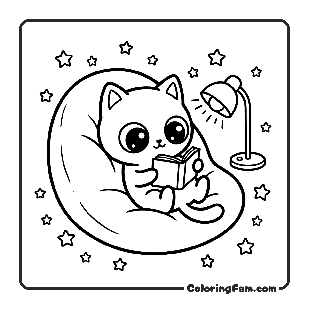 Cute Cat Reading By Lamp Light coloring page