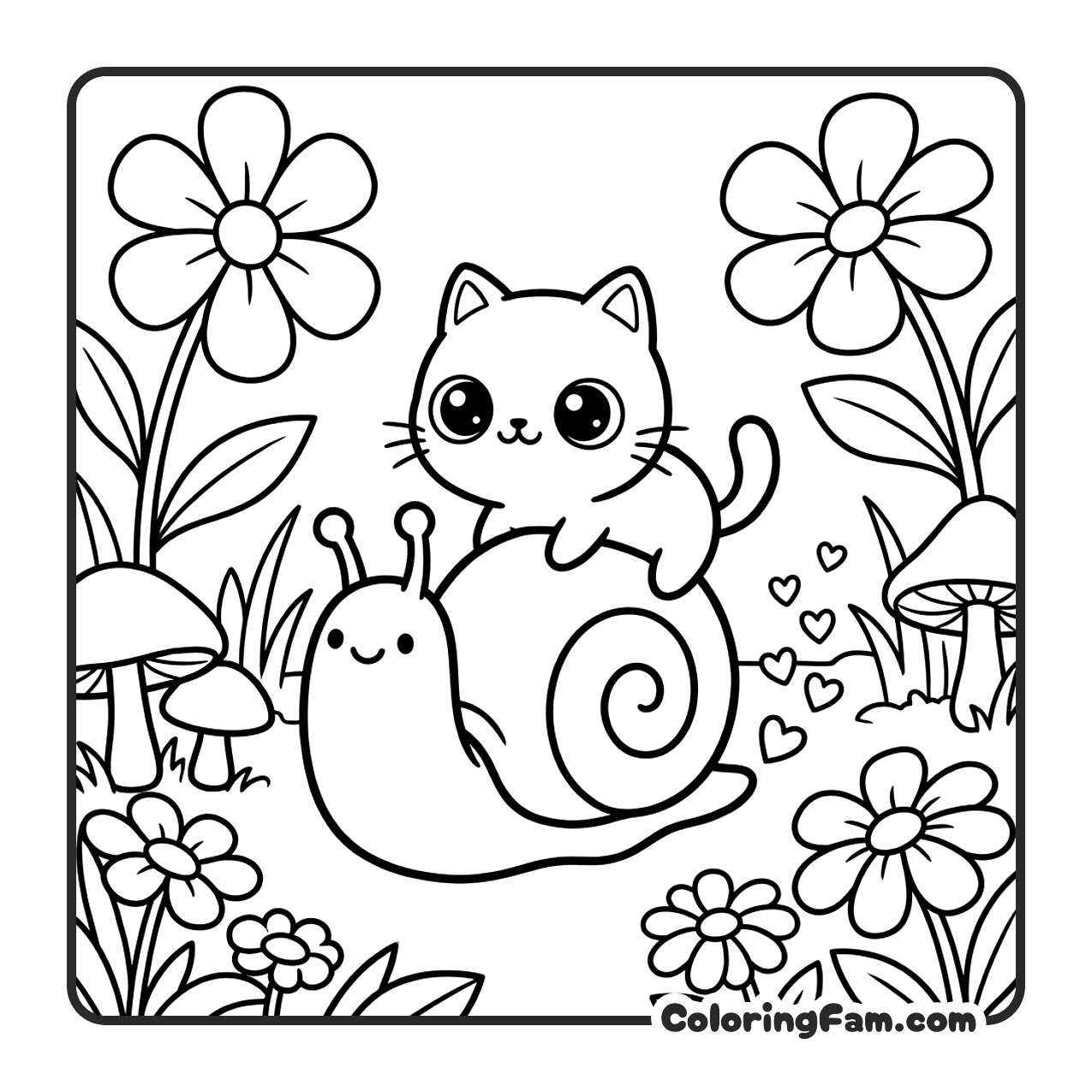Cute Cat Riding A Friendly Snail coloring page
