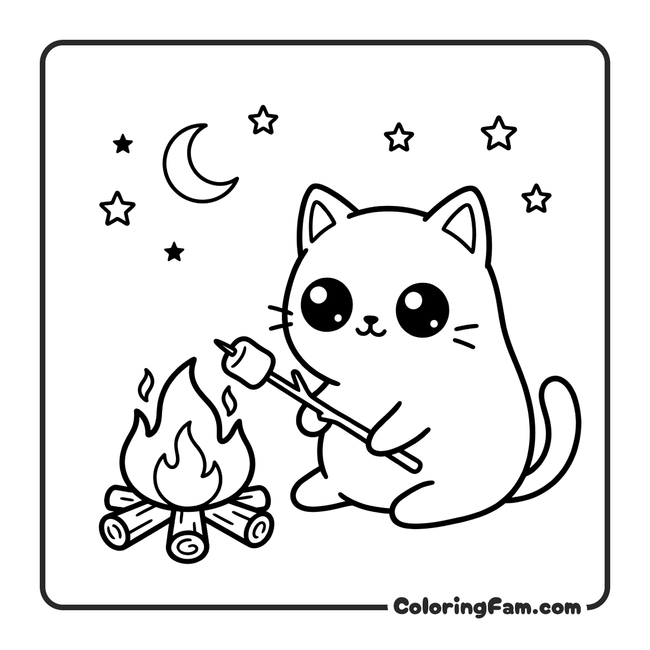 Cute Cat Roasting Marshmallow By Campfire coloring page