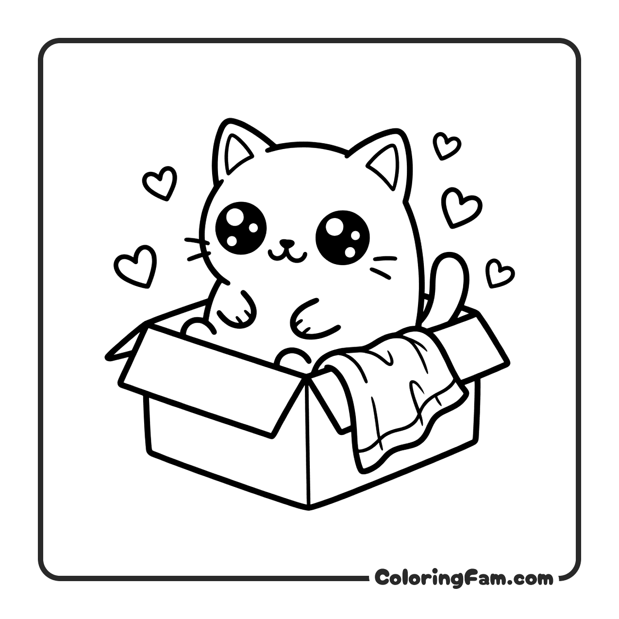 Cute Cat Sitting In Cardboard Box coloring page