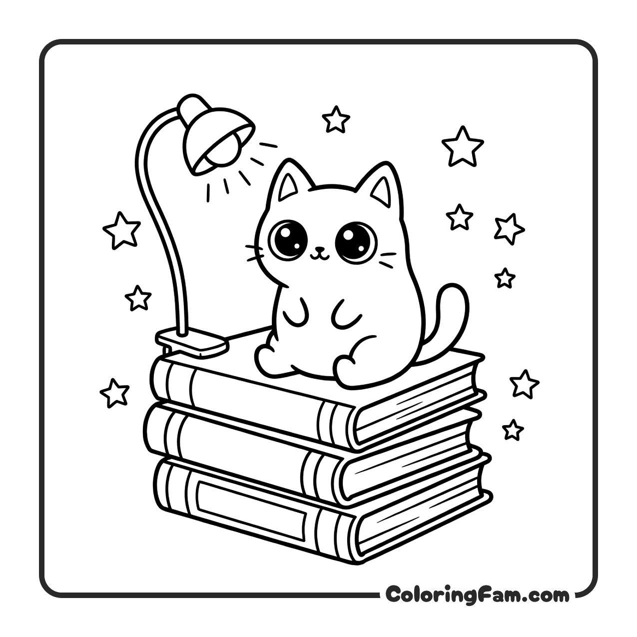 Cute Cat Sitting On Book Stack coloring page