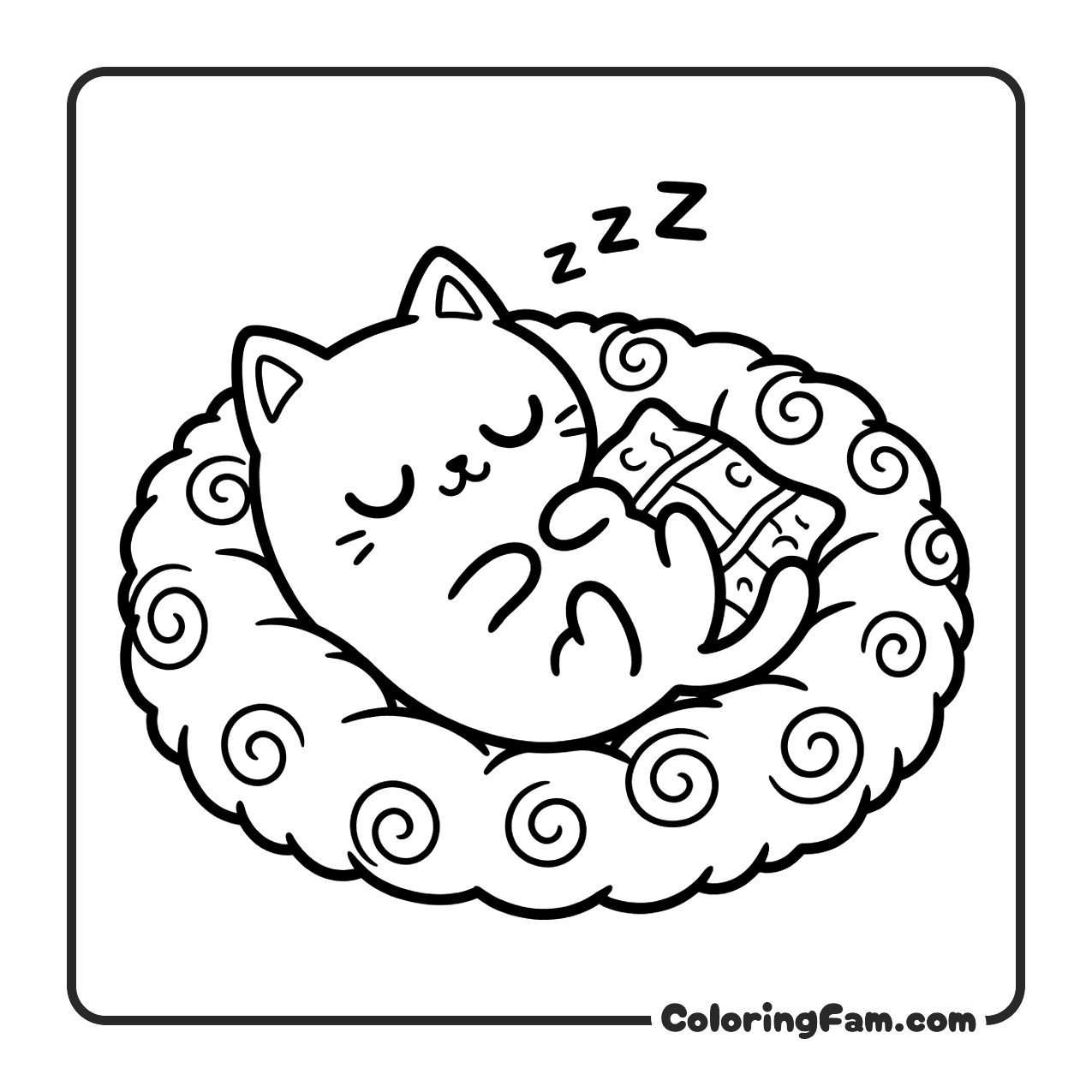 Cute Cat Sleeping In Cozy Bed coloring page