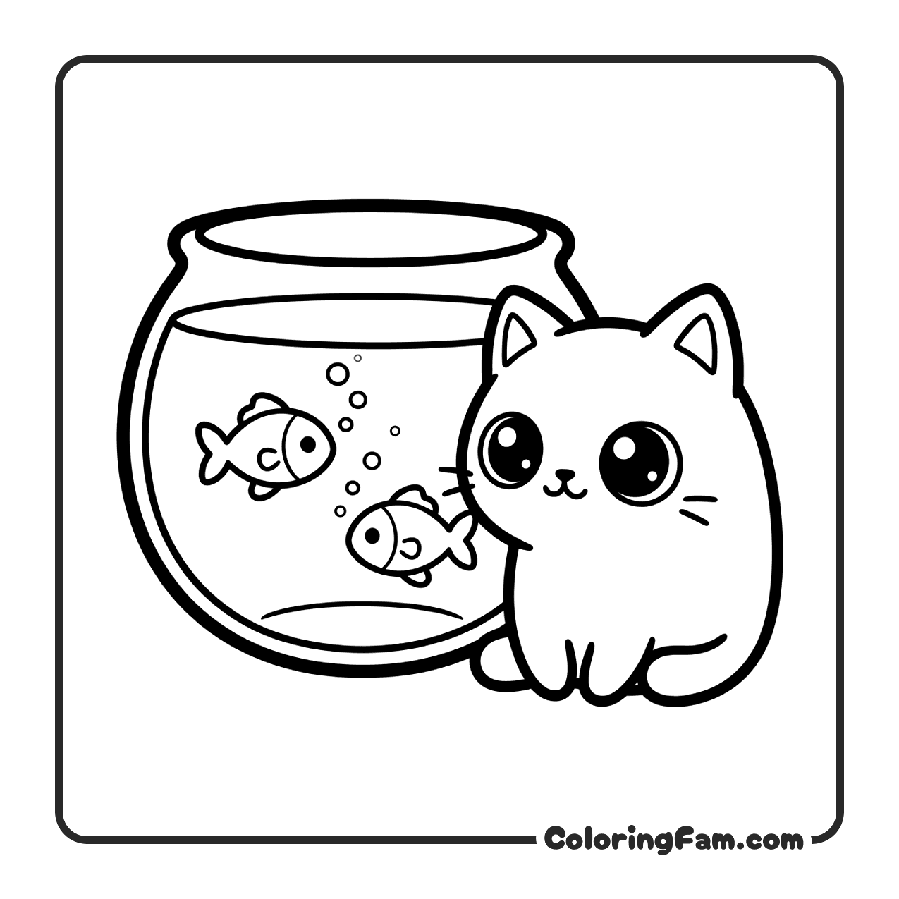 Cute Cat Watching Fish In Fishbowl coloring page
