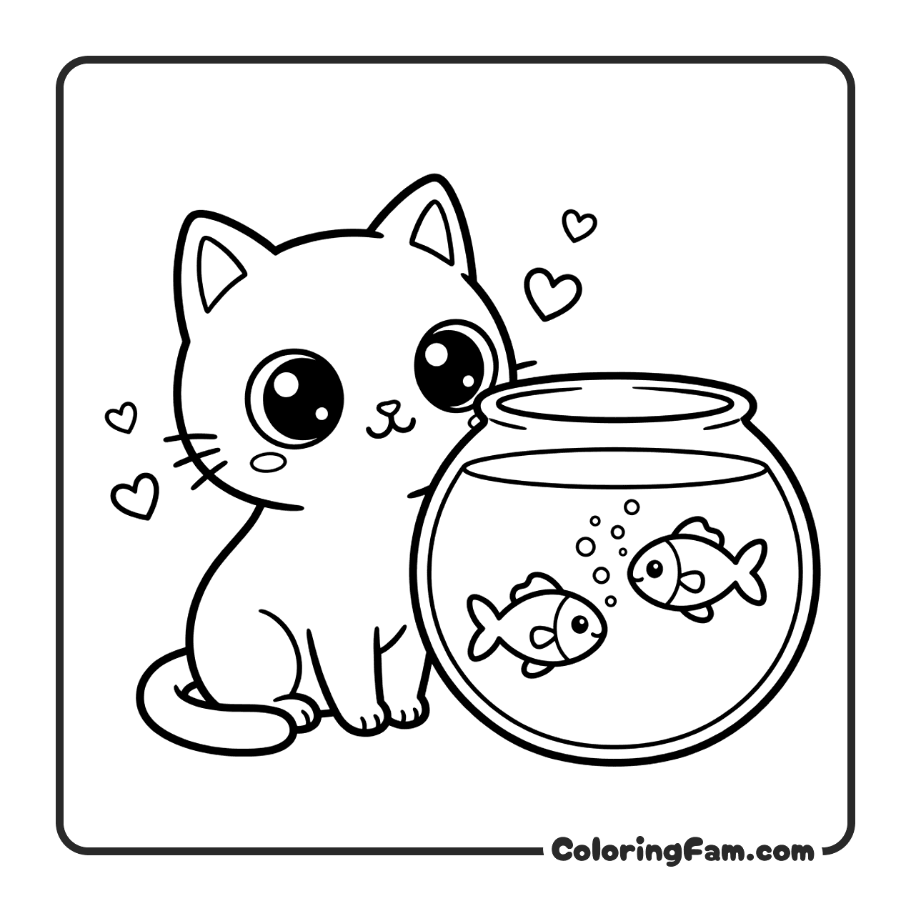 Cute Cat Watching Fishbowl coloring page
