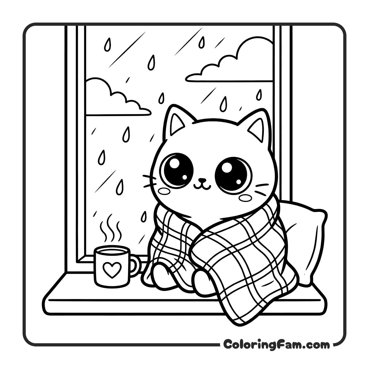 Cute Cat Watching Rain By Window coloring page