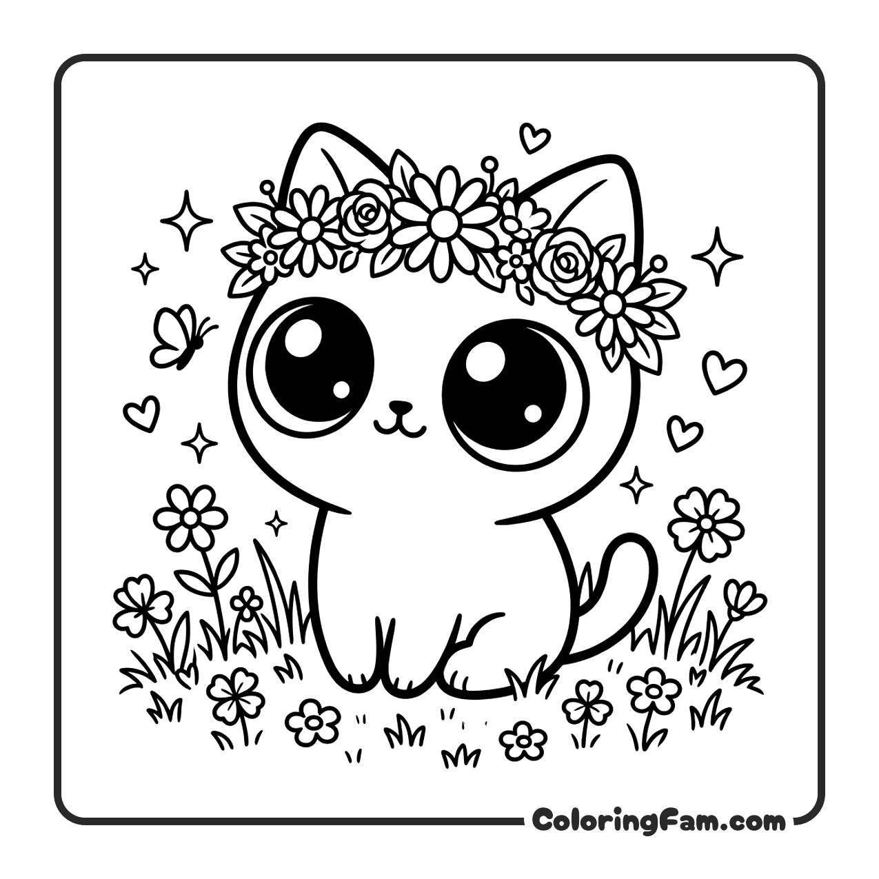 Cute Cat Wearing Flower Crown coloring page