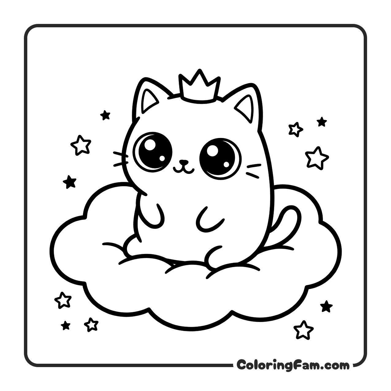 Cute Cat With Crown On Fluffy Cloud coloring page