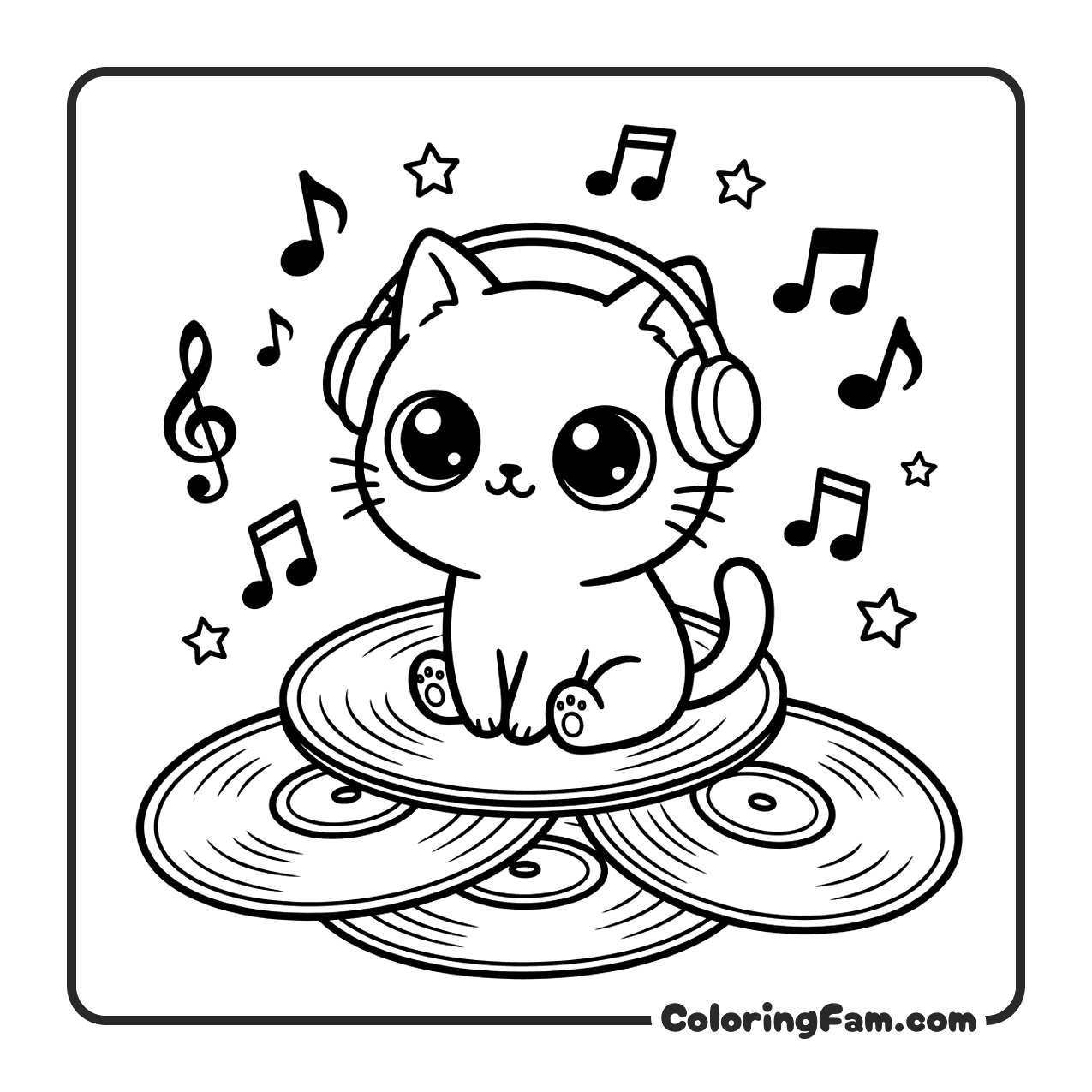 Cute Cat With Headphones On Vinyl Stack coloring page