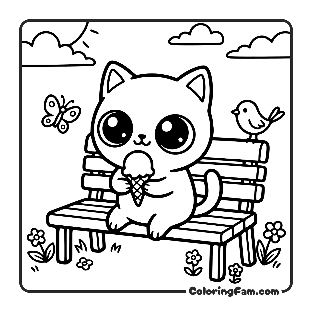 Cute Cat With Ice Cream Sundae coloring page