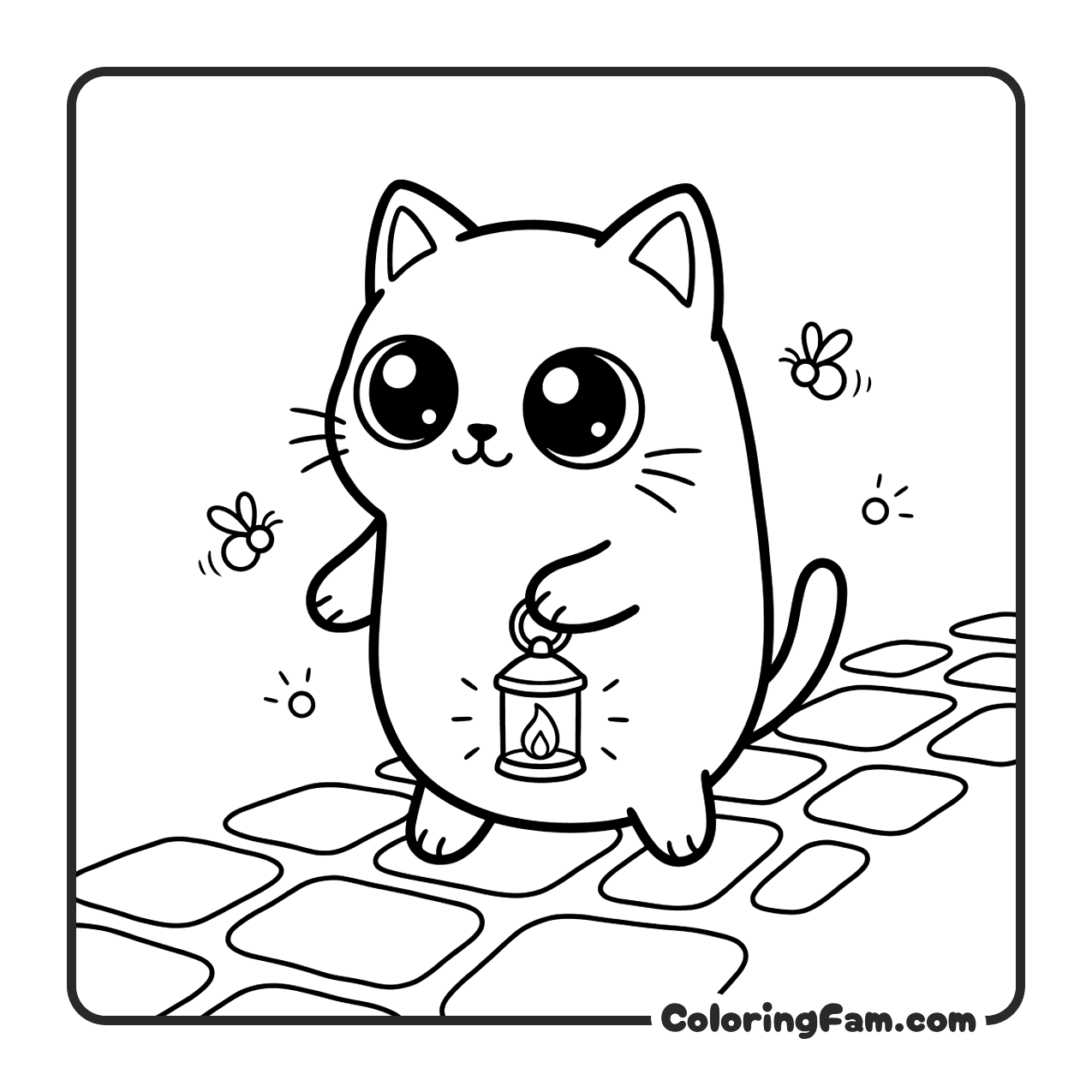Cute Cat With Lantern On Cobblestone Path coloring page