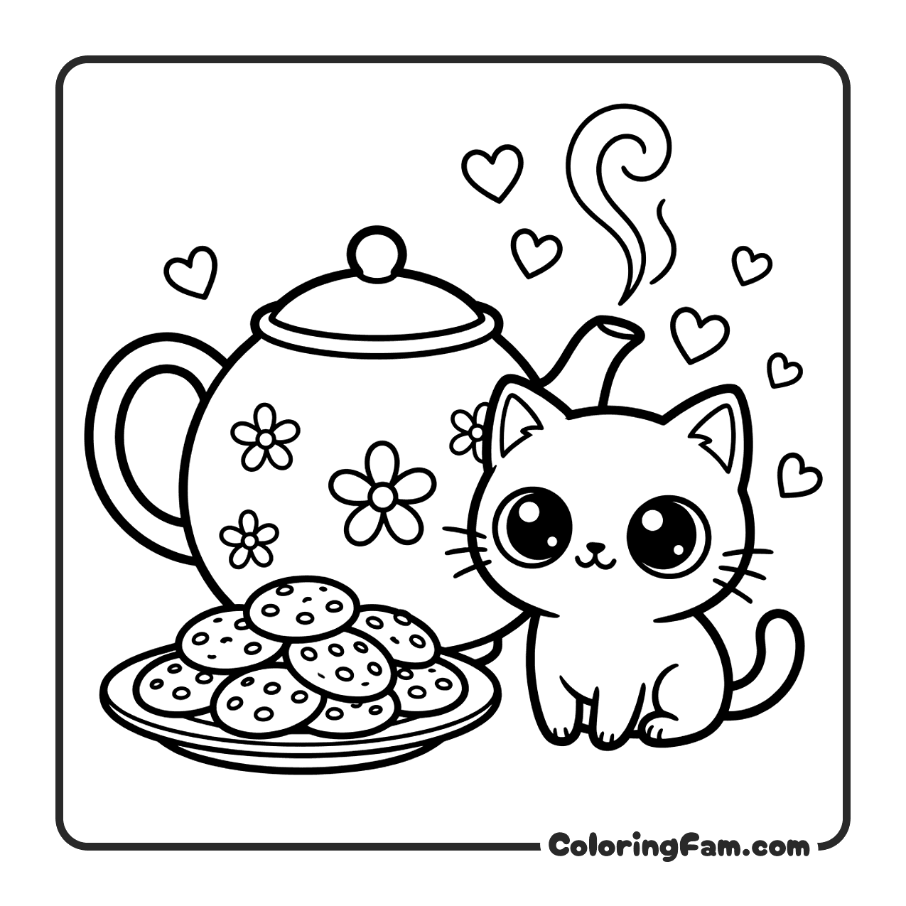 Cute Cat With Tea And Cookies coloring page
