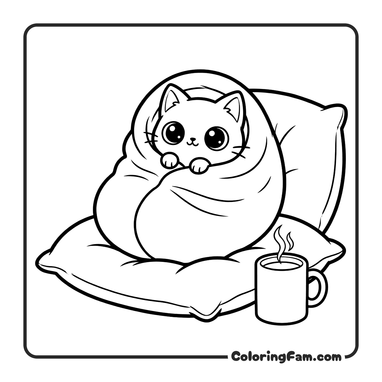 Cute Cat Wrapped In Fluffy Blanket coloring page