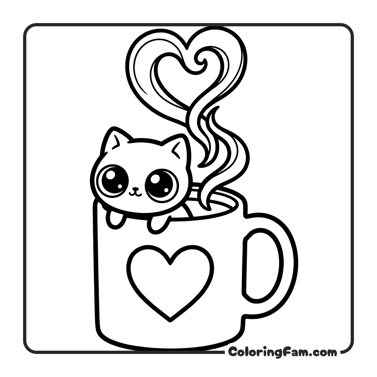 Cute Chibi Kitten With Glasses And Mug coloring page