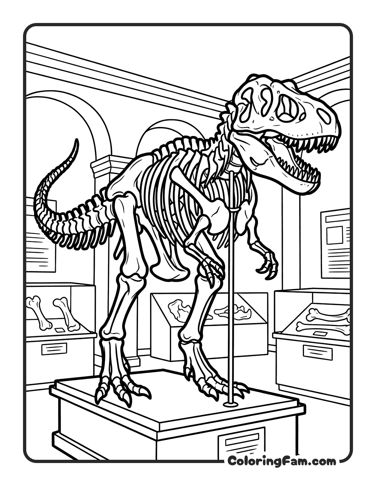 Dinosaur Skeleton Fossil On Display In A Museum With Bones C coloring page