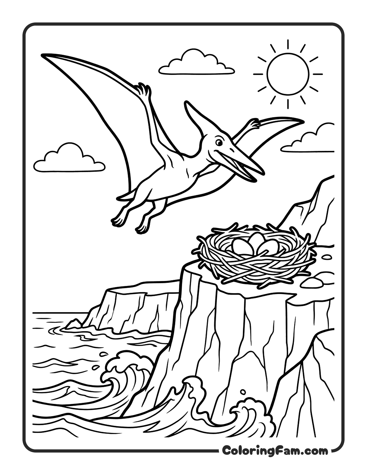 Pterodactyl Flying Over Ocean Cliffs With Nest On The Edge coloring page