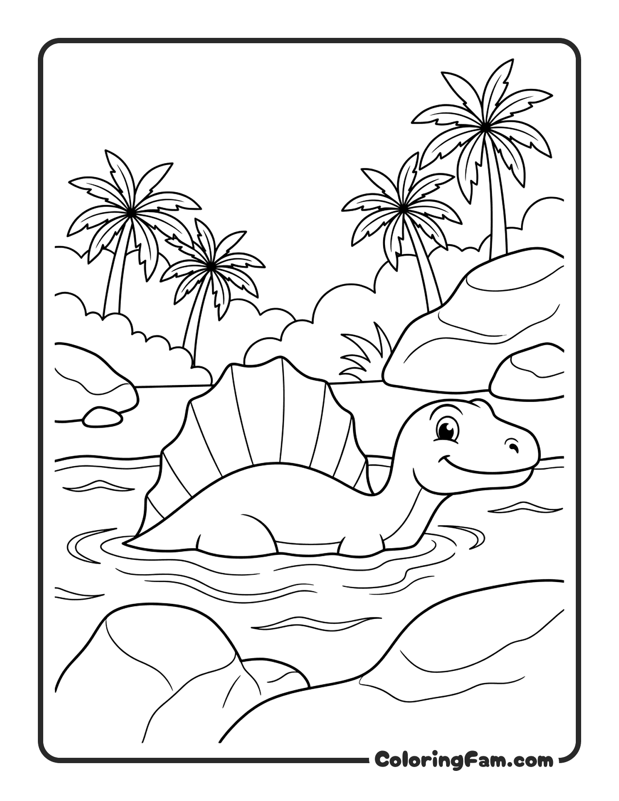 Spinosaurus Swimming In A River With Sail Fin Above Water coloring page