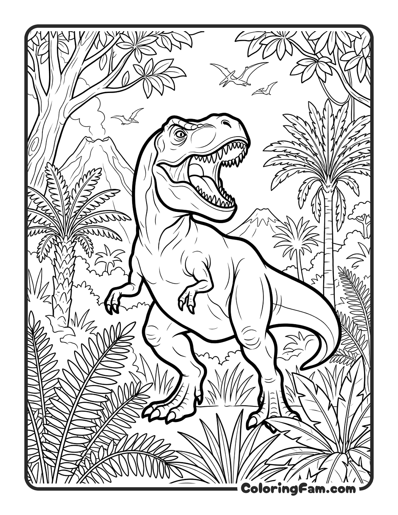 T Rex Roaring In Prehistoric Jungle With Tall Ferns coloring page