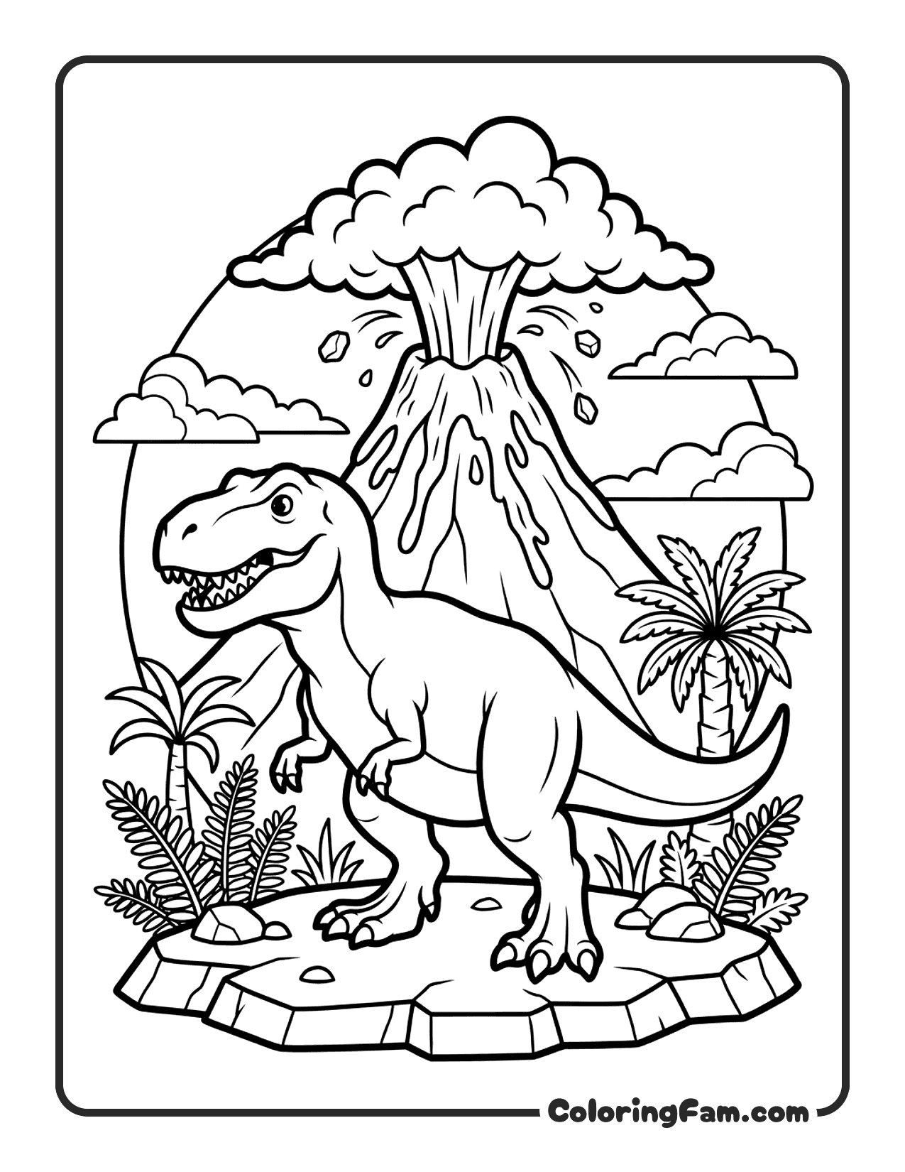 T Rex Standing In Front Of Erupting Volcano coloring page