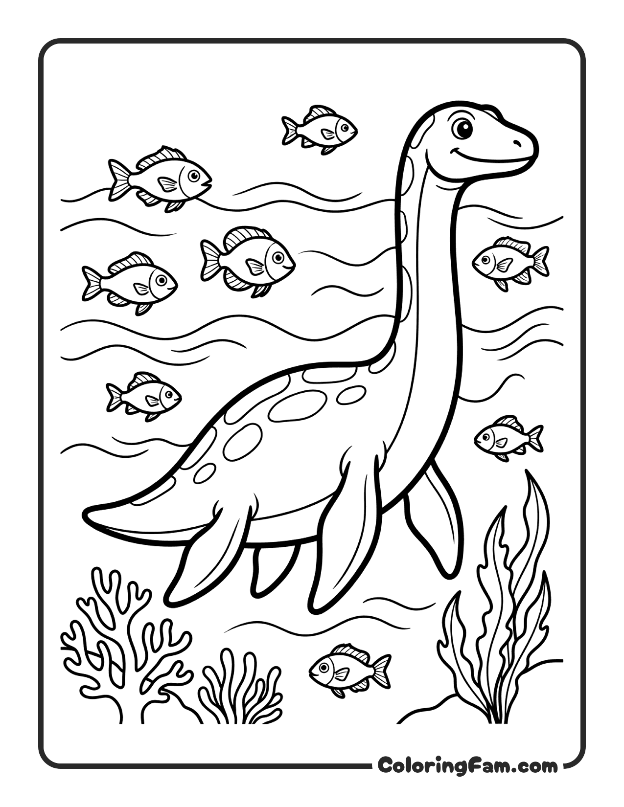 Plesiosaur Swimming Underwater In The Ocean With Fish Around coloring page