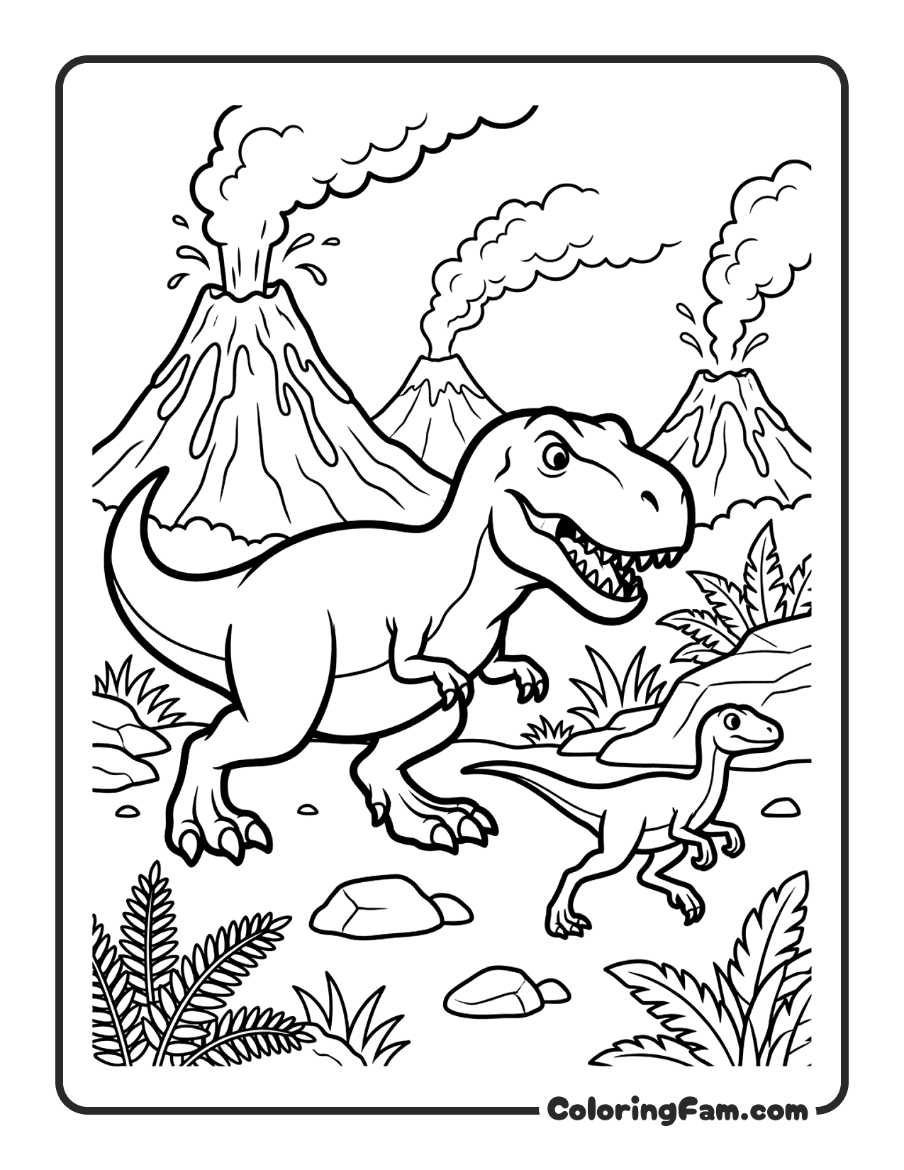 T Rex Chasing Prey Through Volcanic Landscape coloring page