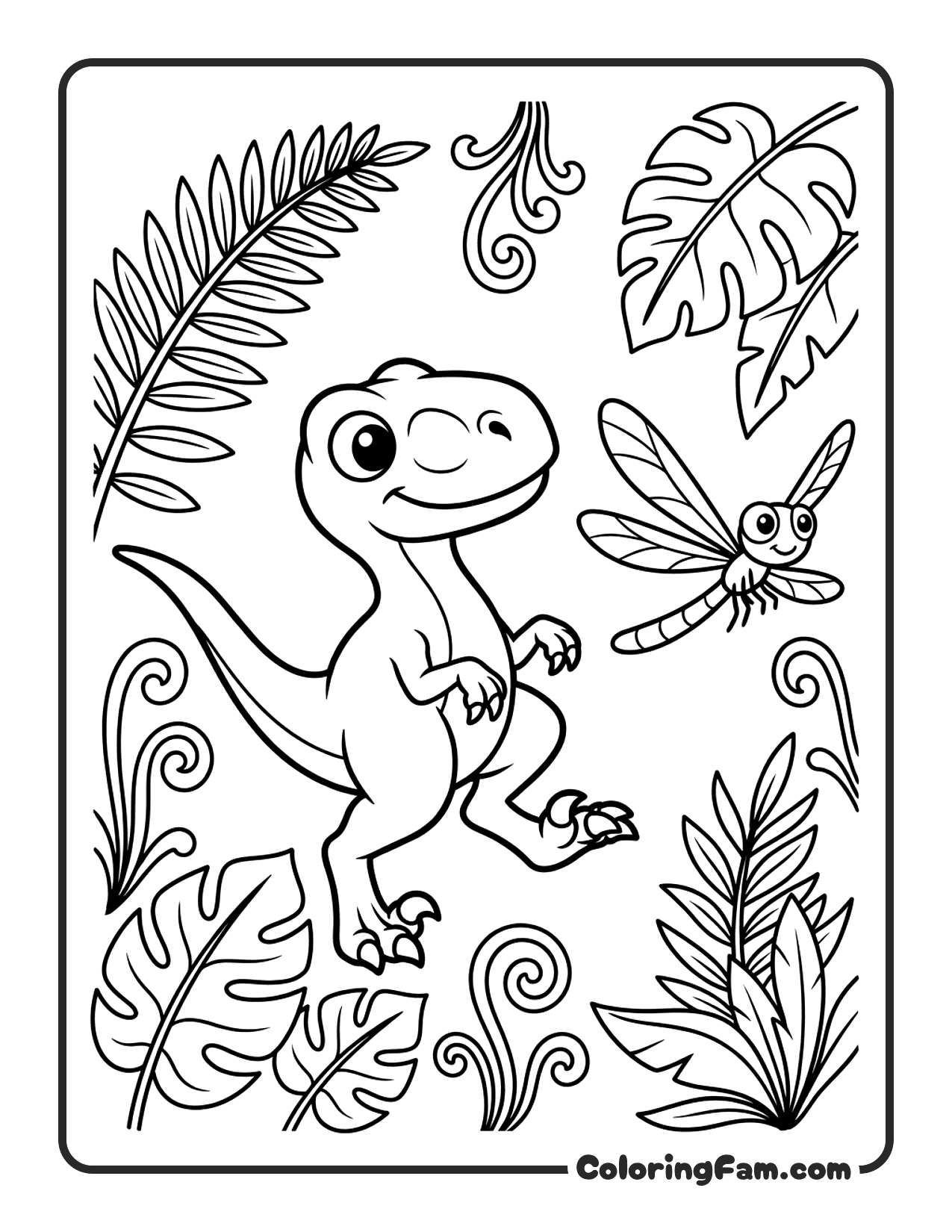 Velociraptor Chasing A Dragonfly Through Ferns coloring page