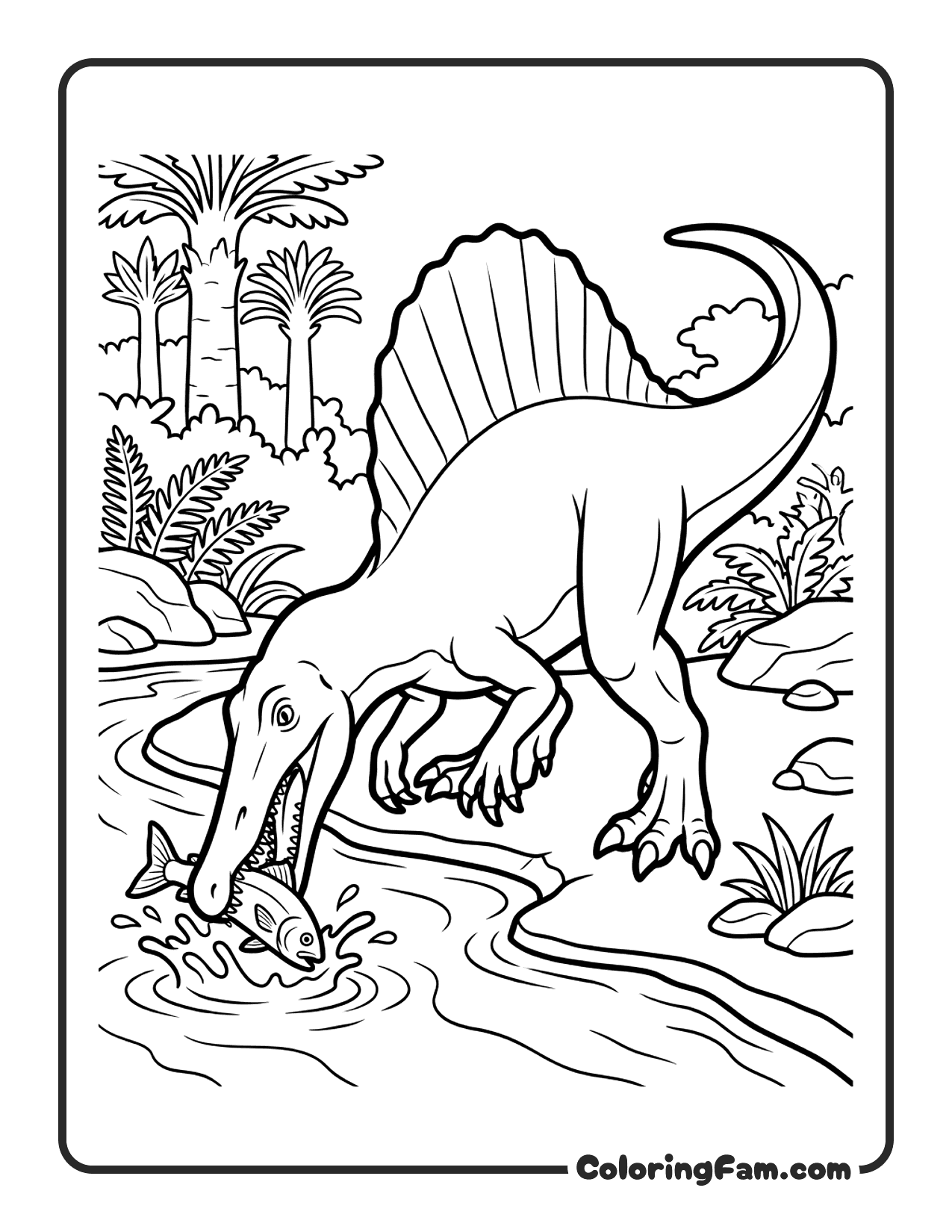 Spinosaurus Catching Fish At Riverbank With Large Sail Fin O coloring page