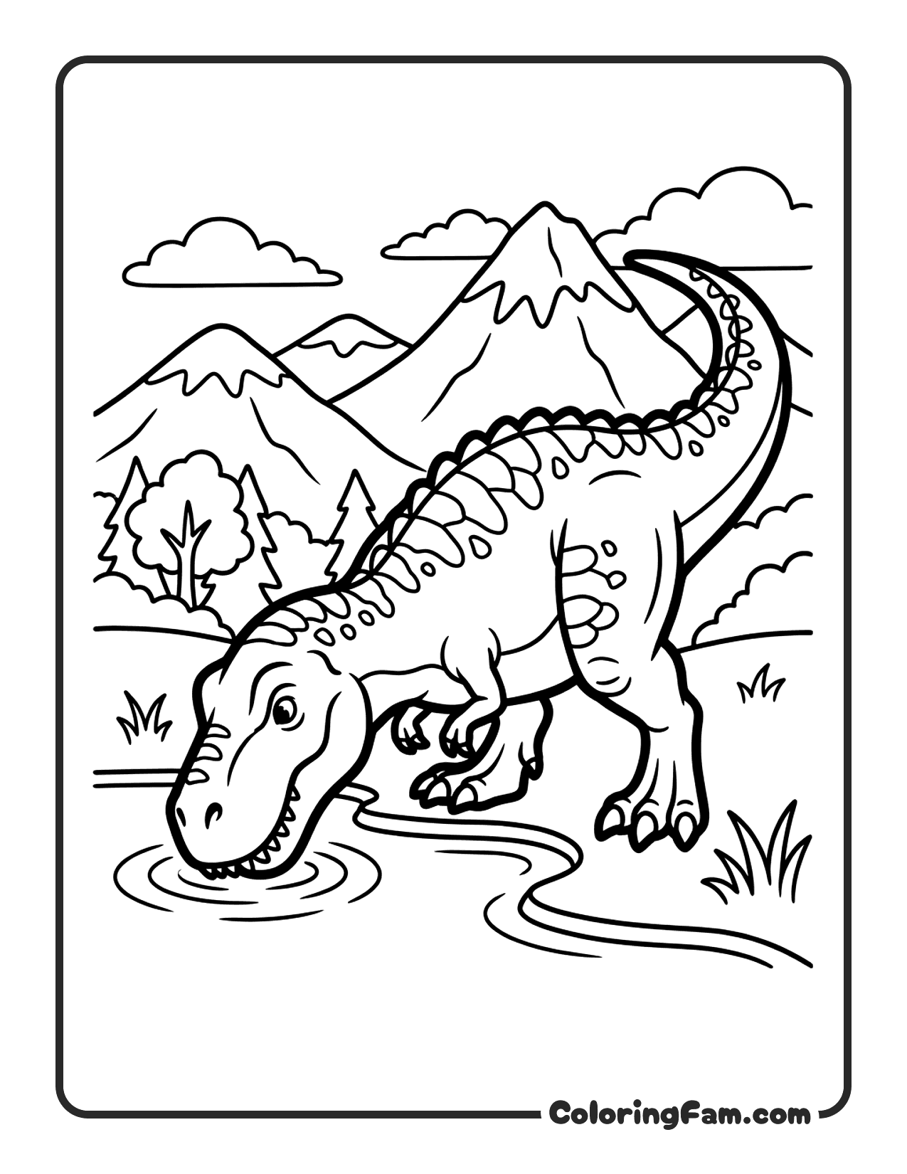T Rex Drinking Water At A Lake With Mountains Behind coloring page