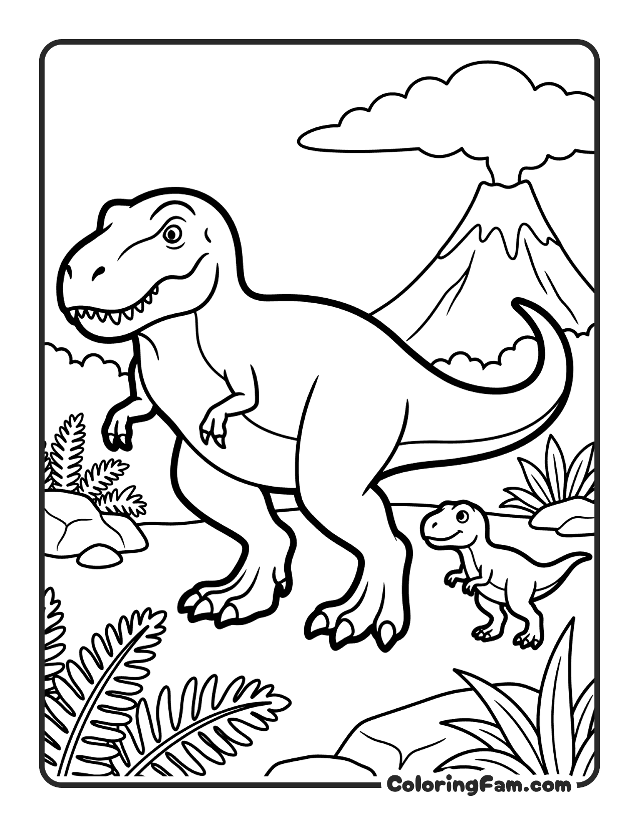 Mother T Rex Walking With Baby T Rex Following coloring page