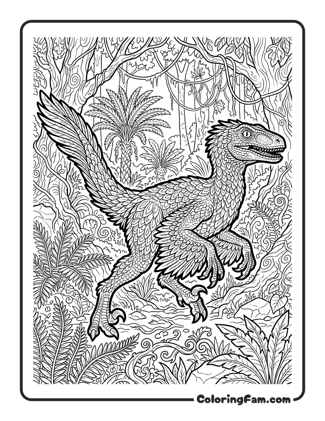 Velociraptor Running At Full Speed With Feathers In Prehisto coloring page