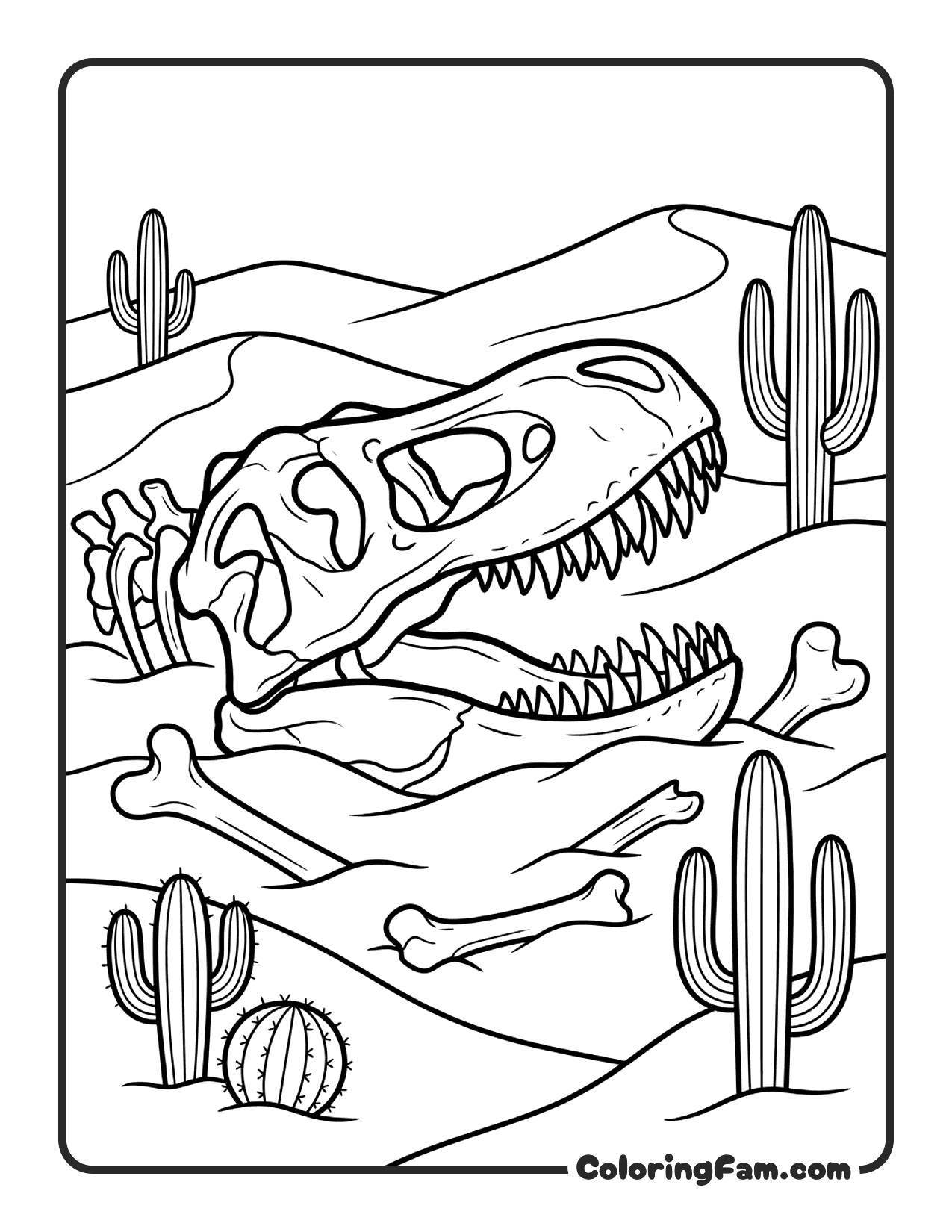 Dinosaur Skull And Bones Half Buried In Desert Sand With Cac coloring page