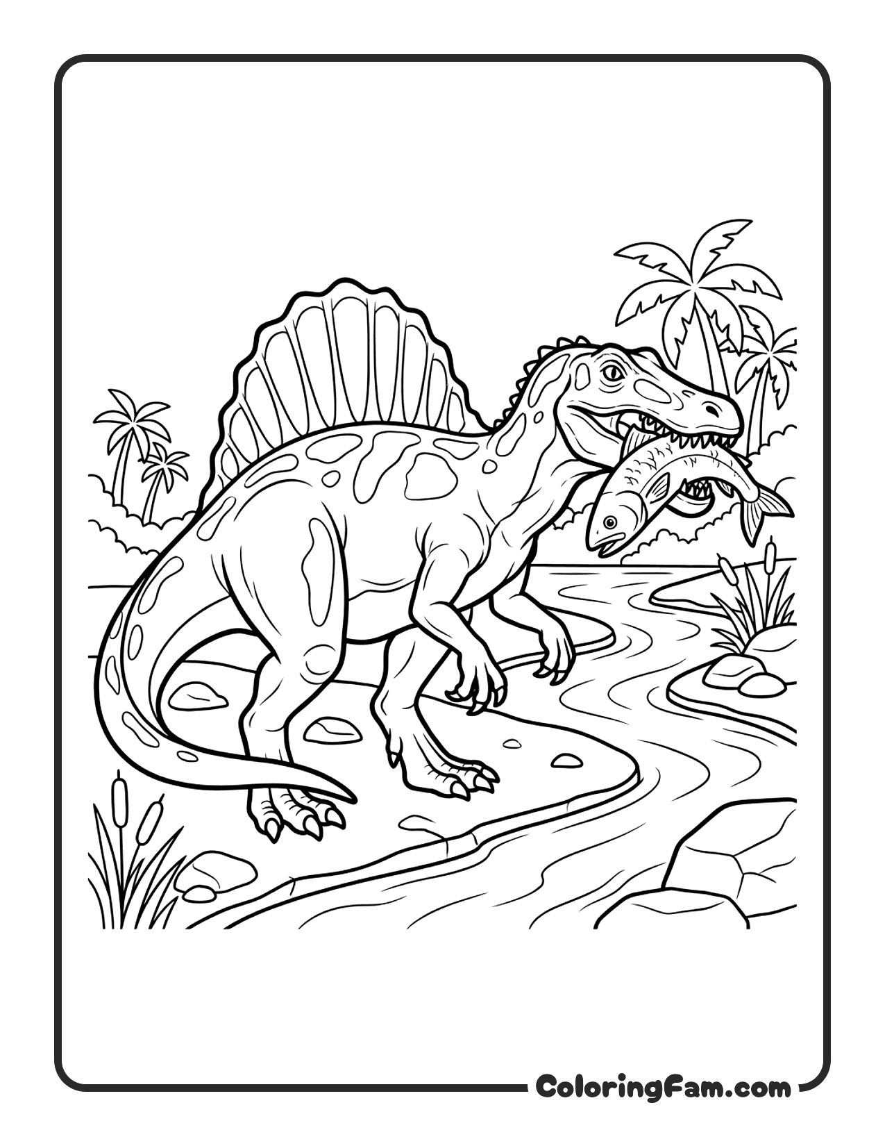 Spinosaurus Walking Along River With Fish In Mouth And Sail coloring page