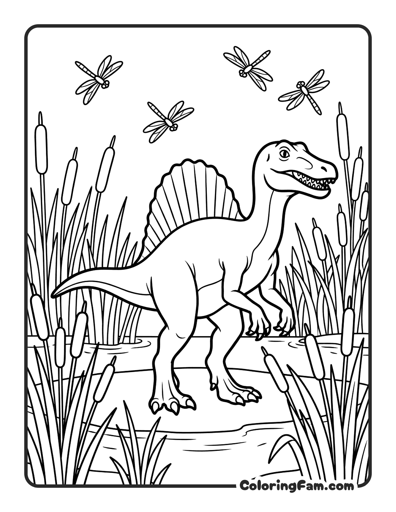 Spinosaurus Standing In Swamp With Tall Reeds And Dragonflie coloring page