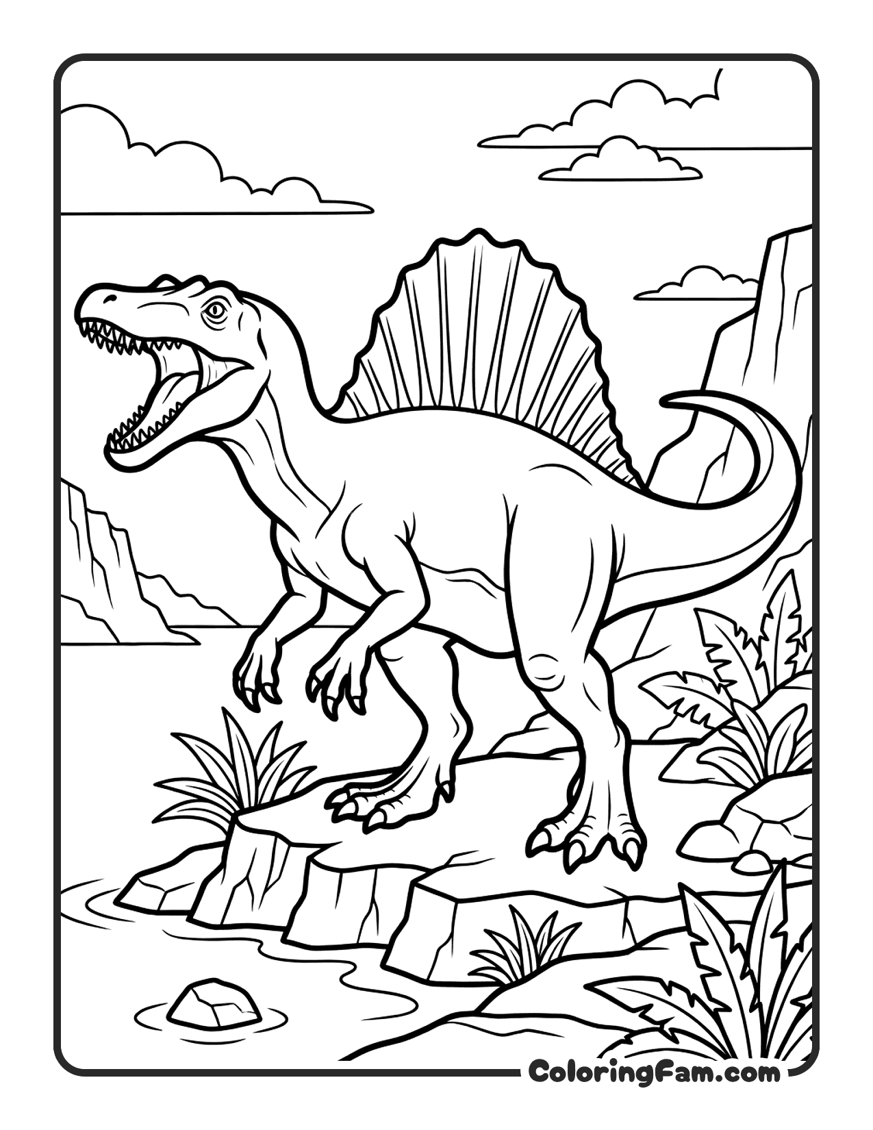 Spinosaurus Roaring With Sail Fin Fully Displayed On Rocky S coloring page