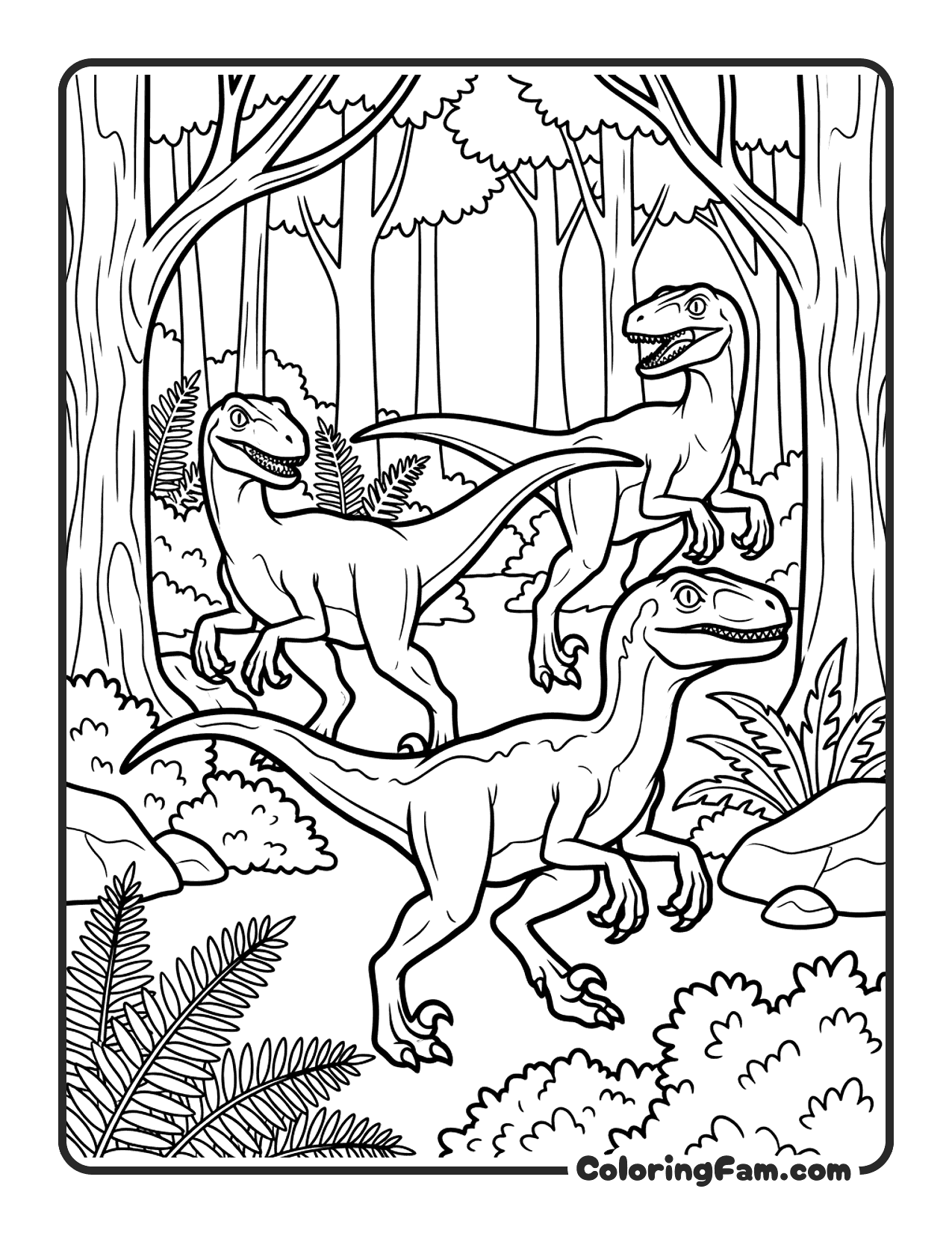 Three Velociraptors Hunting Together In Dense Forest coloring page