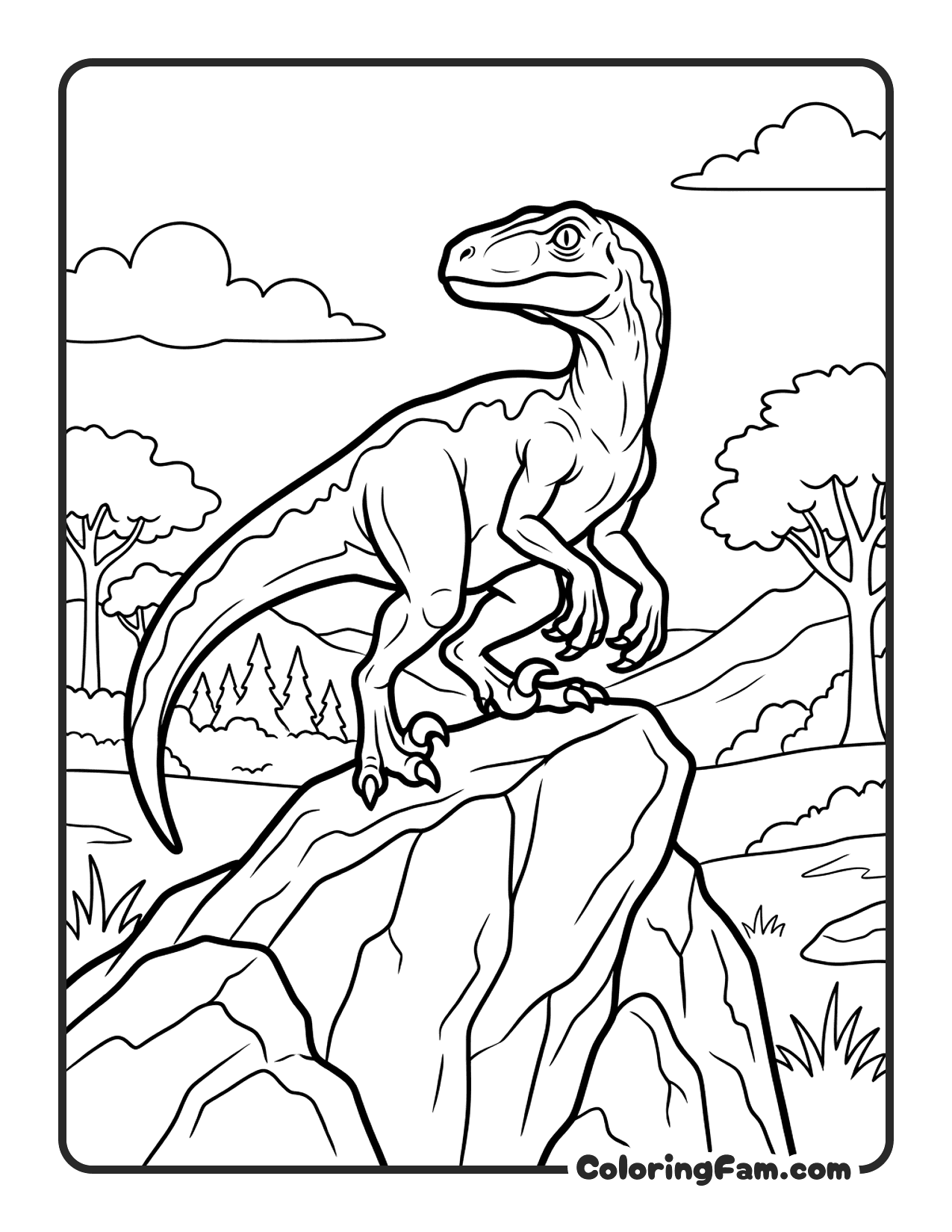 Velociraptor Perched On A Rock Scanning The Landscape coloring page