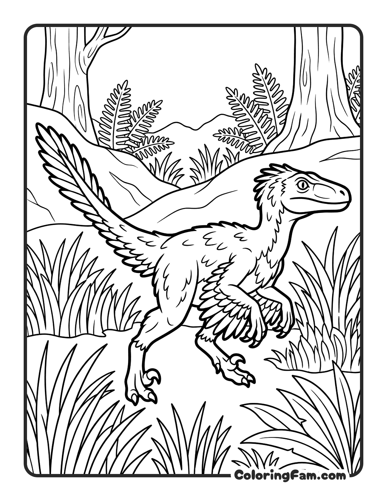 Velociraptor Running Through Tall Grass With Feathers coloring page