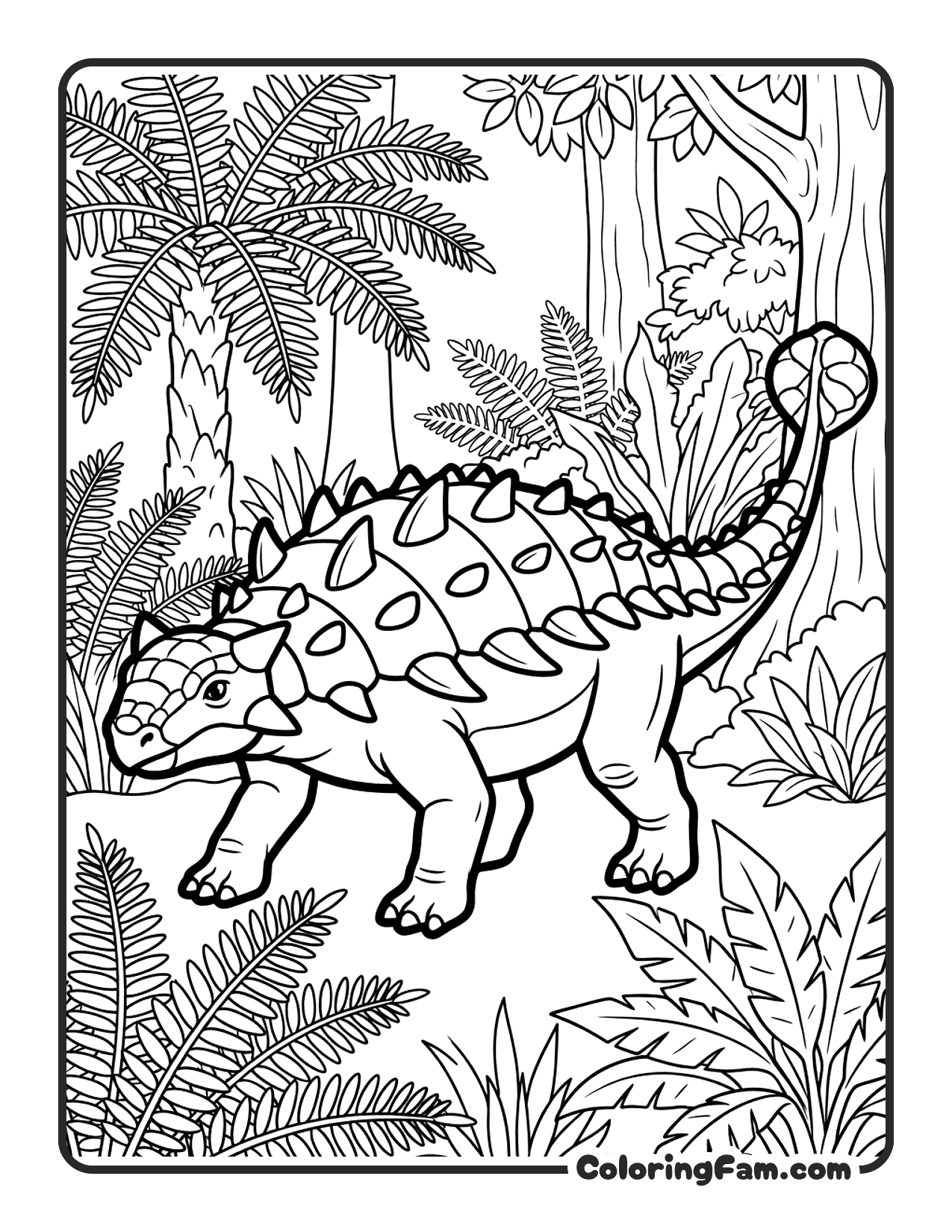 Ankylosaurus Walking Through Fern Forest With Armor Plates A coloring page