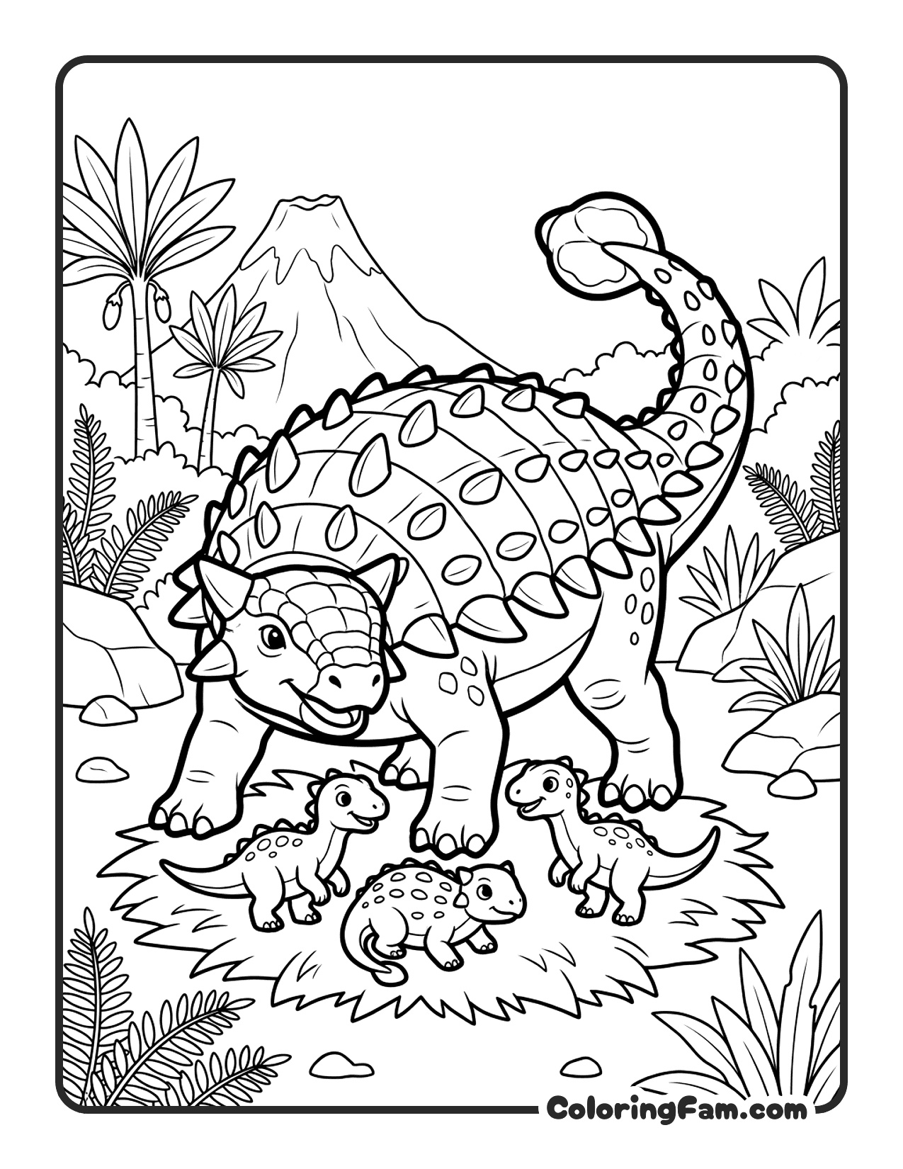 Ankylosaurus Standing Guard Protecting Baby Dinosaurs coloring page