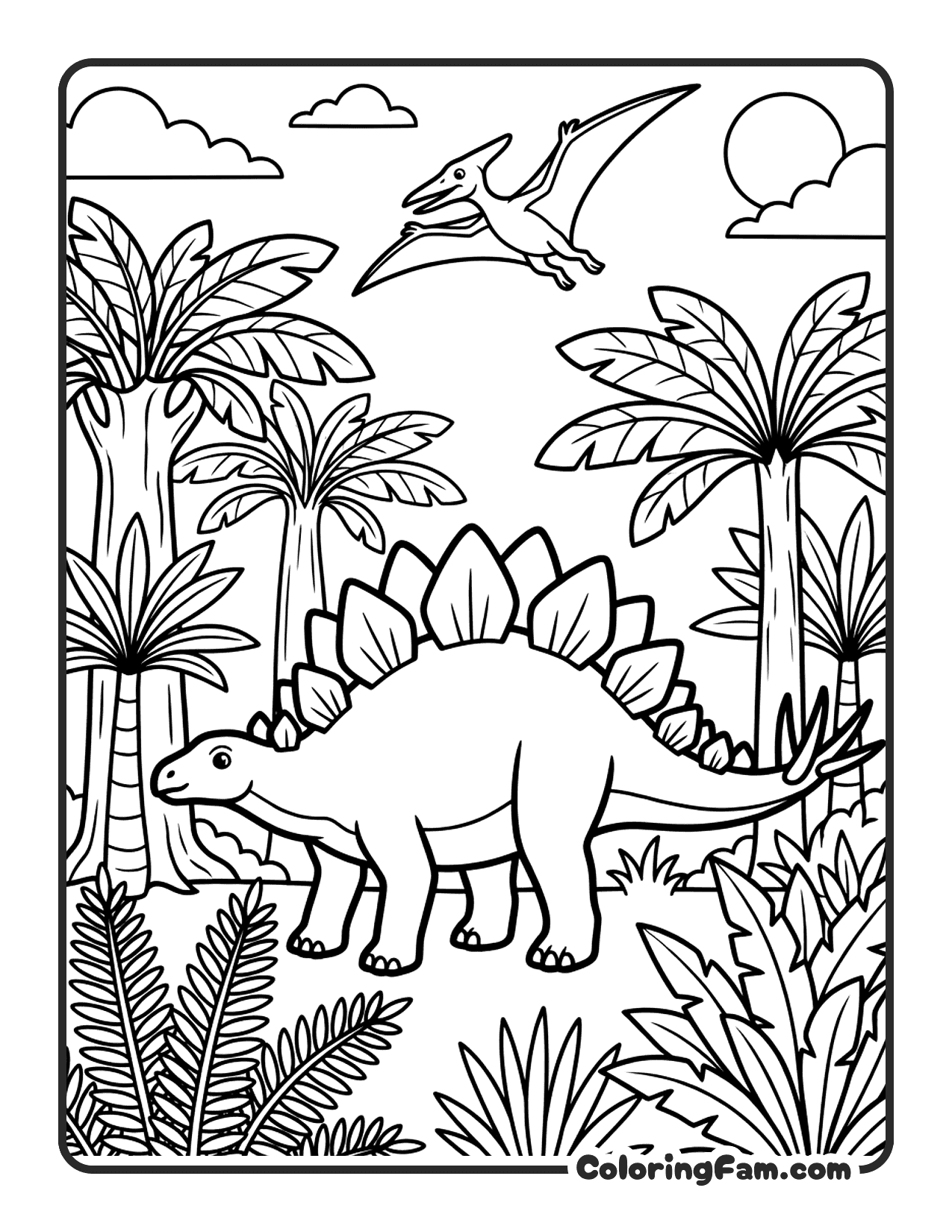 Stegosaurus Standing In Forest With Small Pterodactyl Flying coloring page