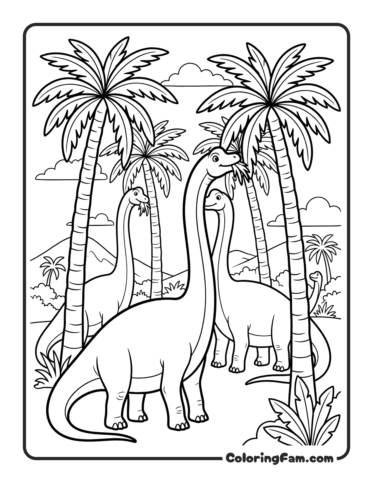 Brachiosaurus Herd Eating From Tall Palm Trees coloring page