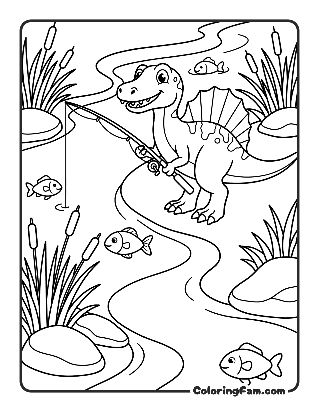 Dinosaur Fishing By River coloring page