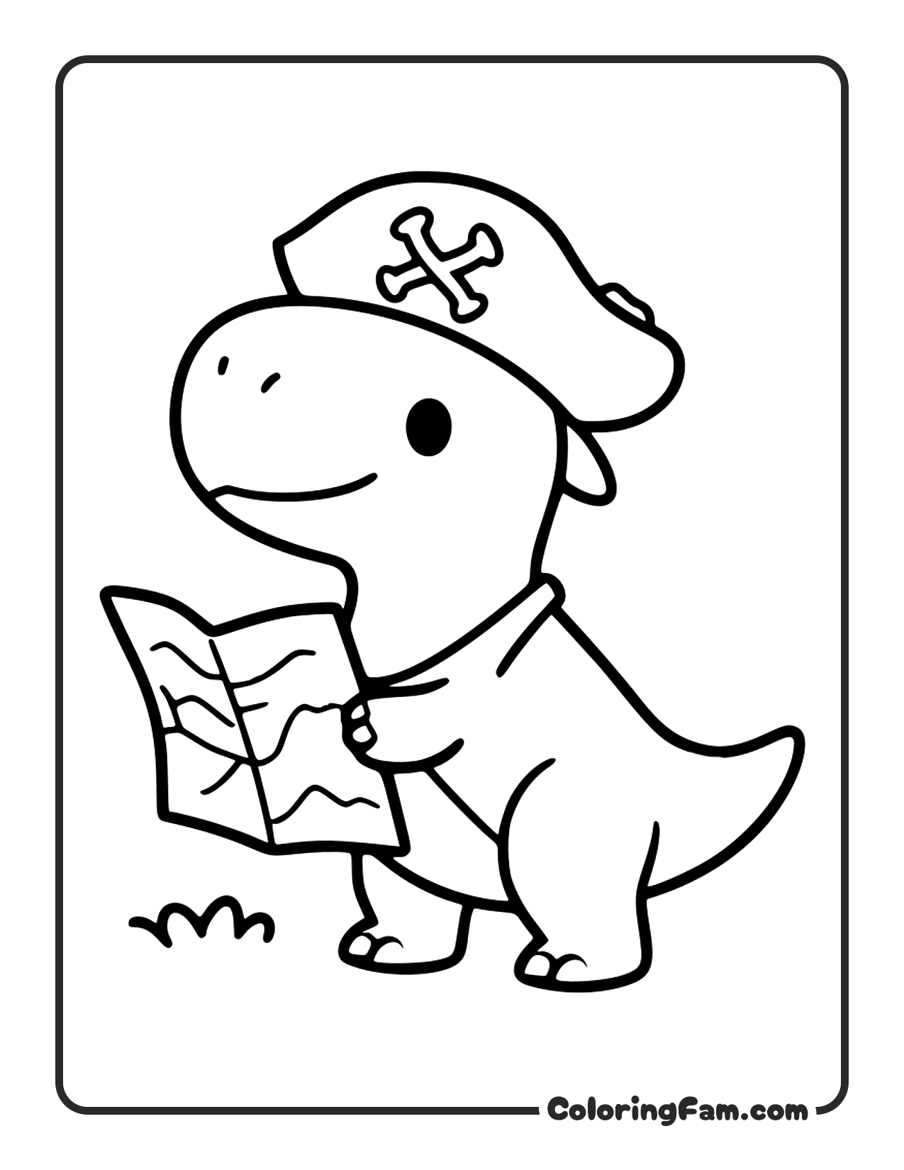 Dinosaur Wearing Pirate Hat Reading Map coloring page