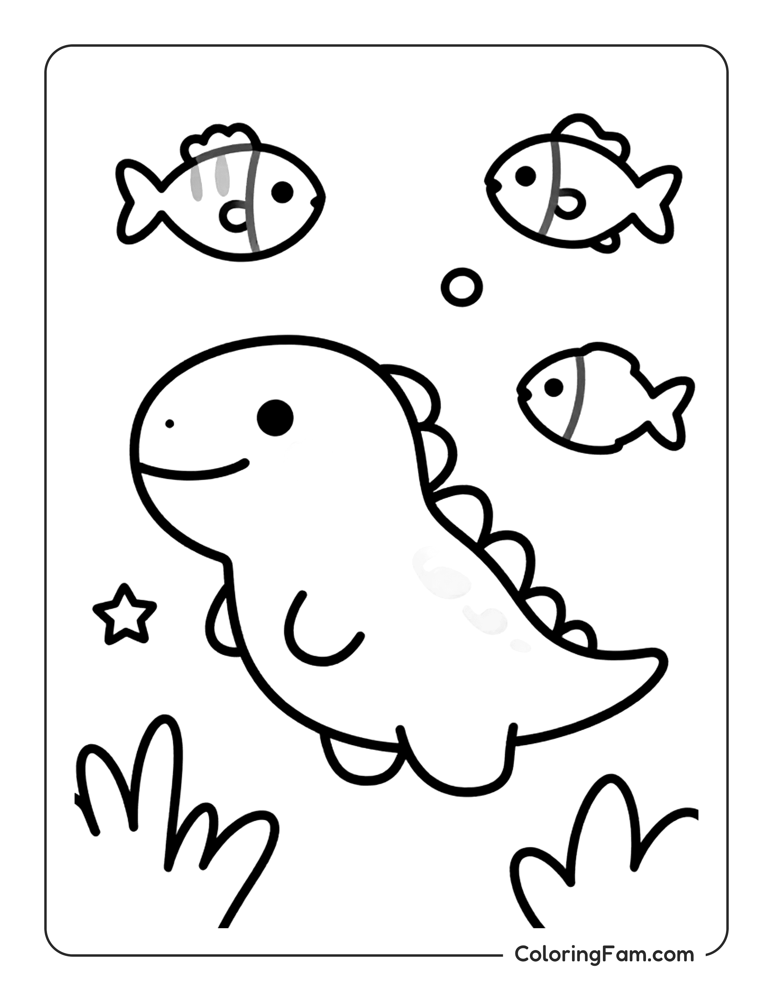 Dinosaur With Fish And Star Coloring Page Coloringfam