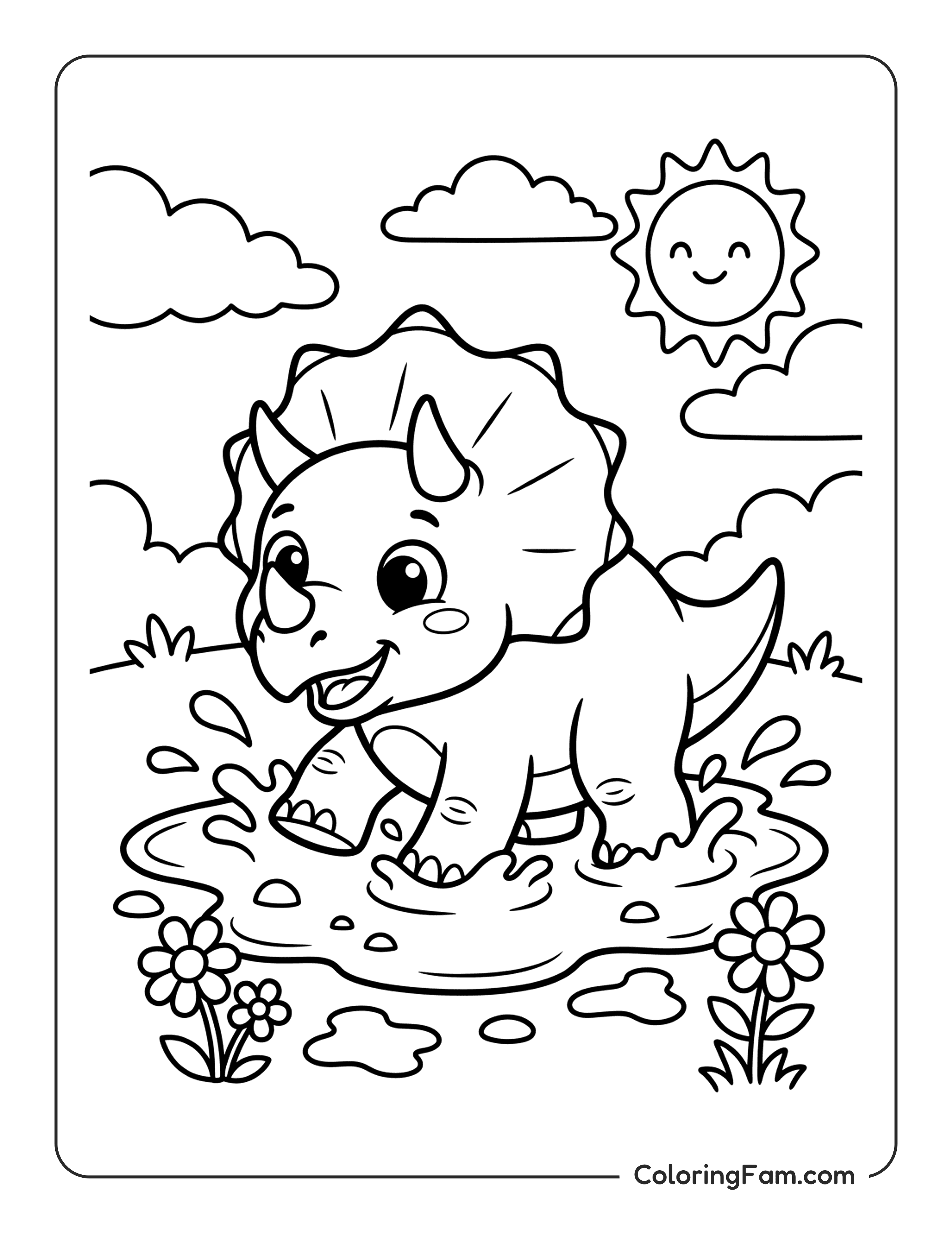 Triceratops Playing In Puddle coloring page