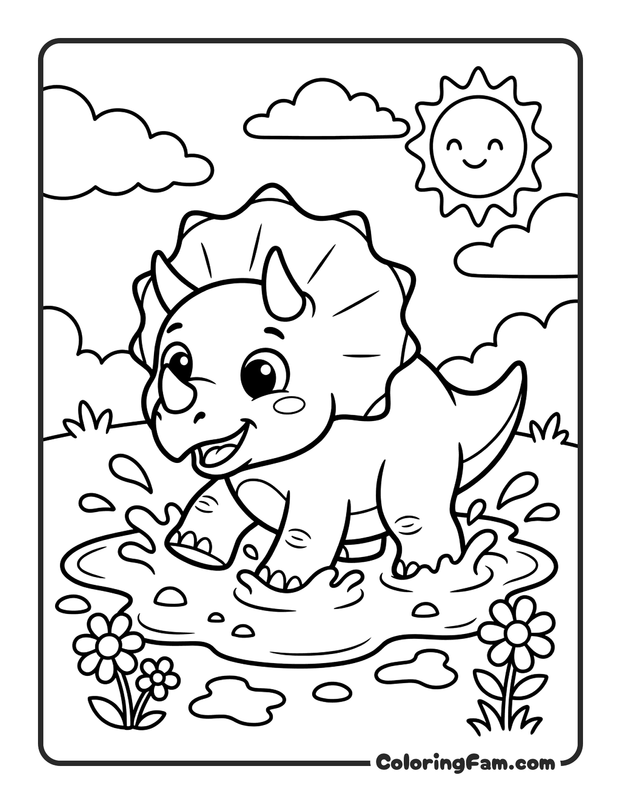 Triceratops Splashing In Puddle coloring page