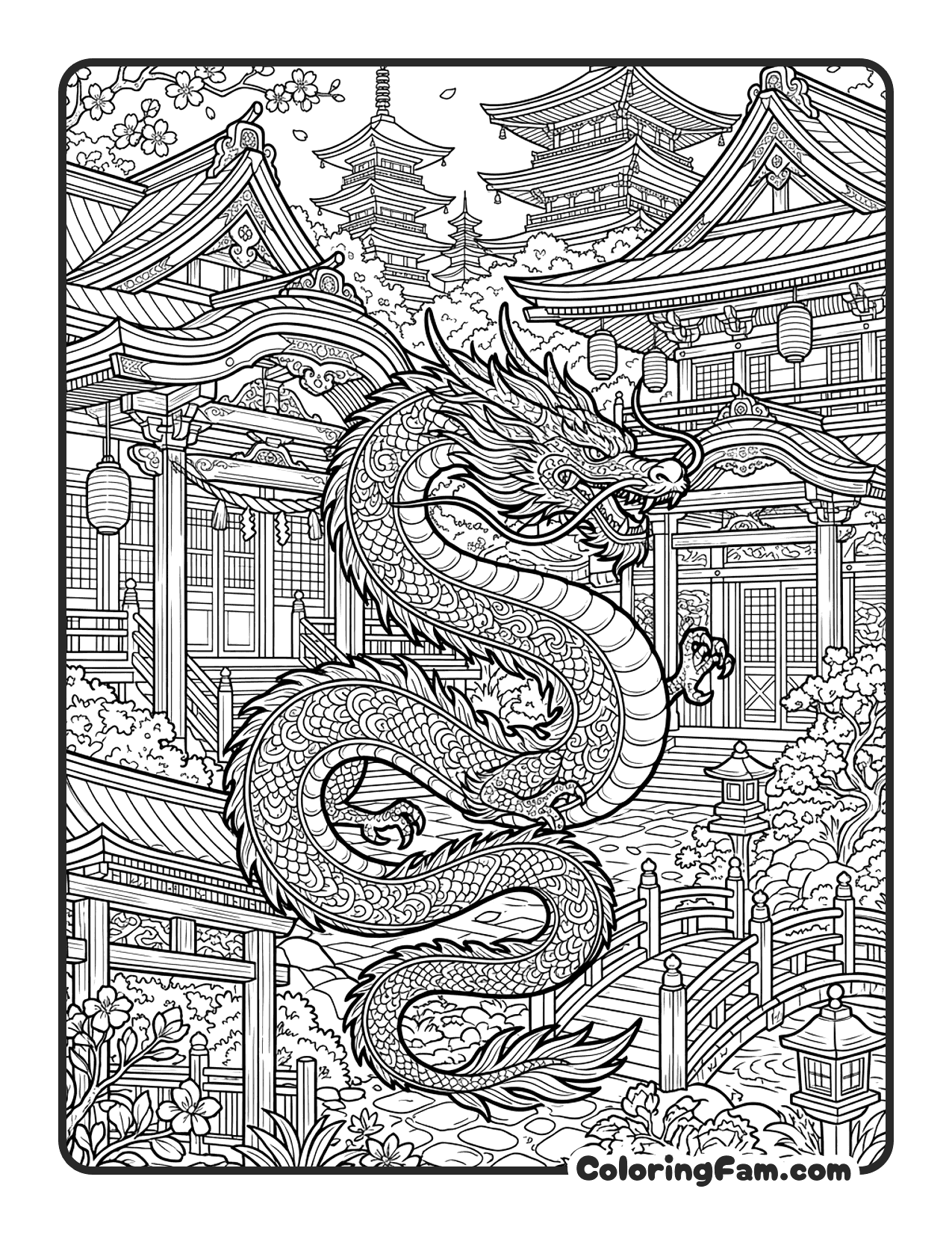 Dragon Among Japanese Buildings coloring page