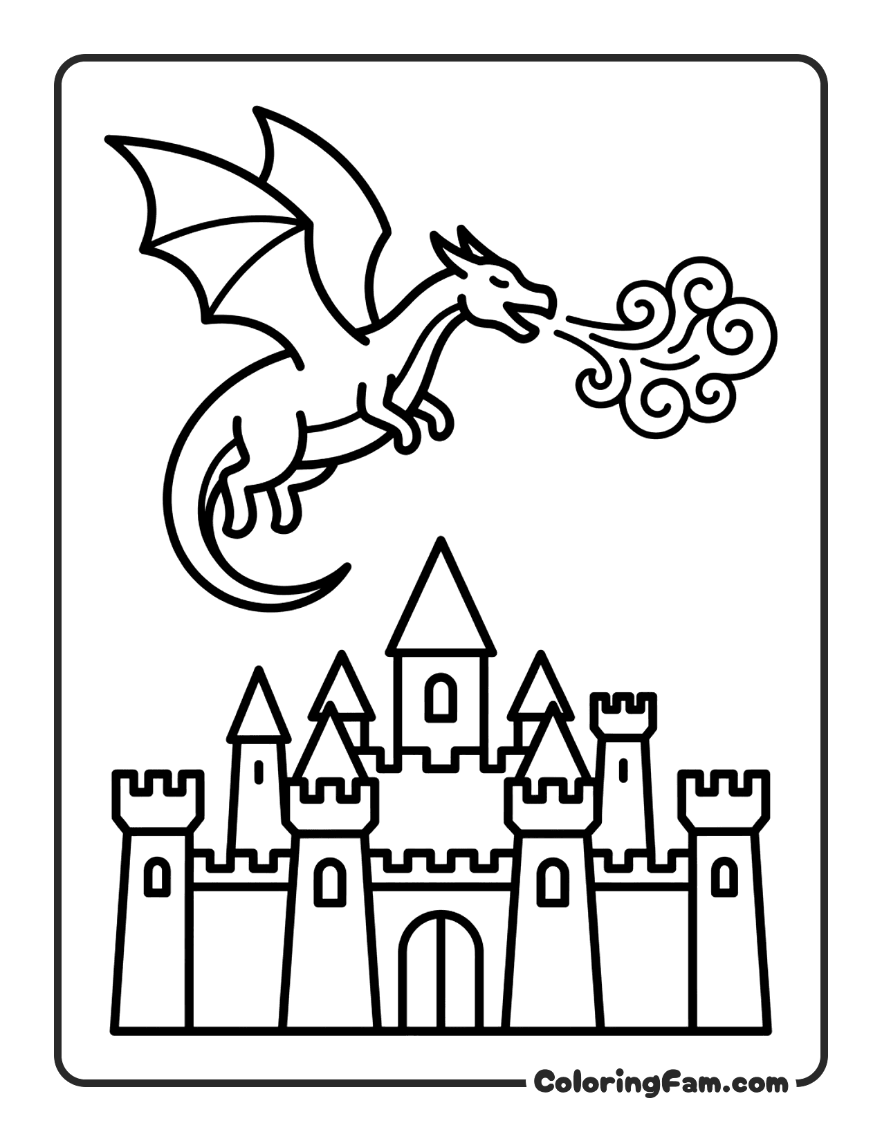 Dragon Breathing Fire Over Castle coloring page