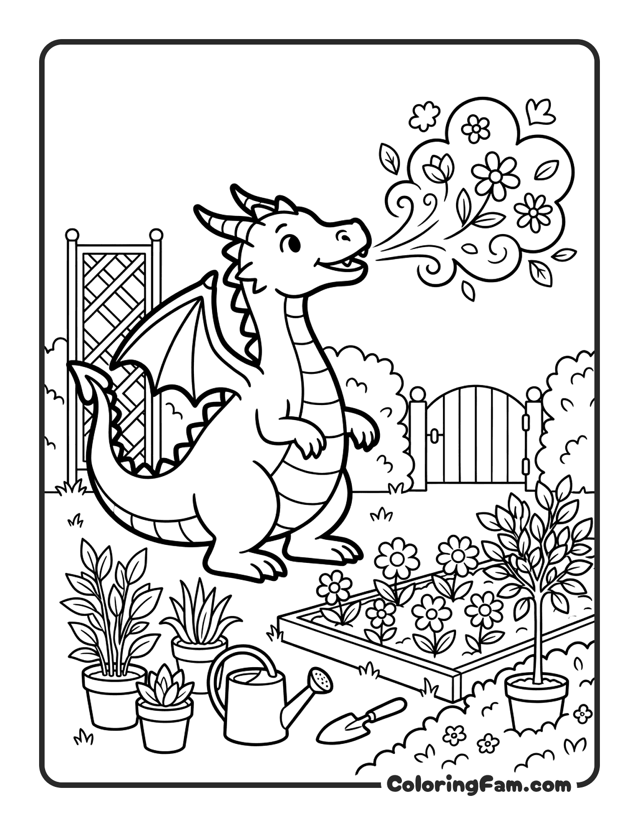 Dragon Breathing Flowers coloring page