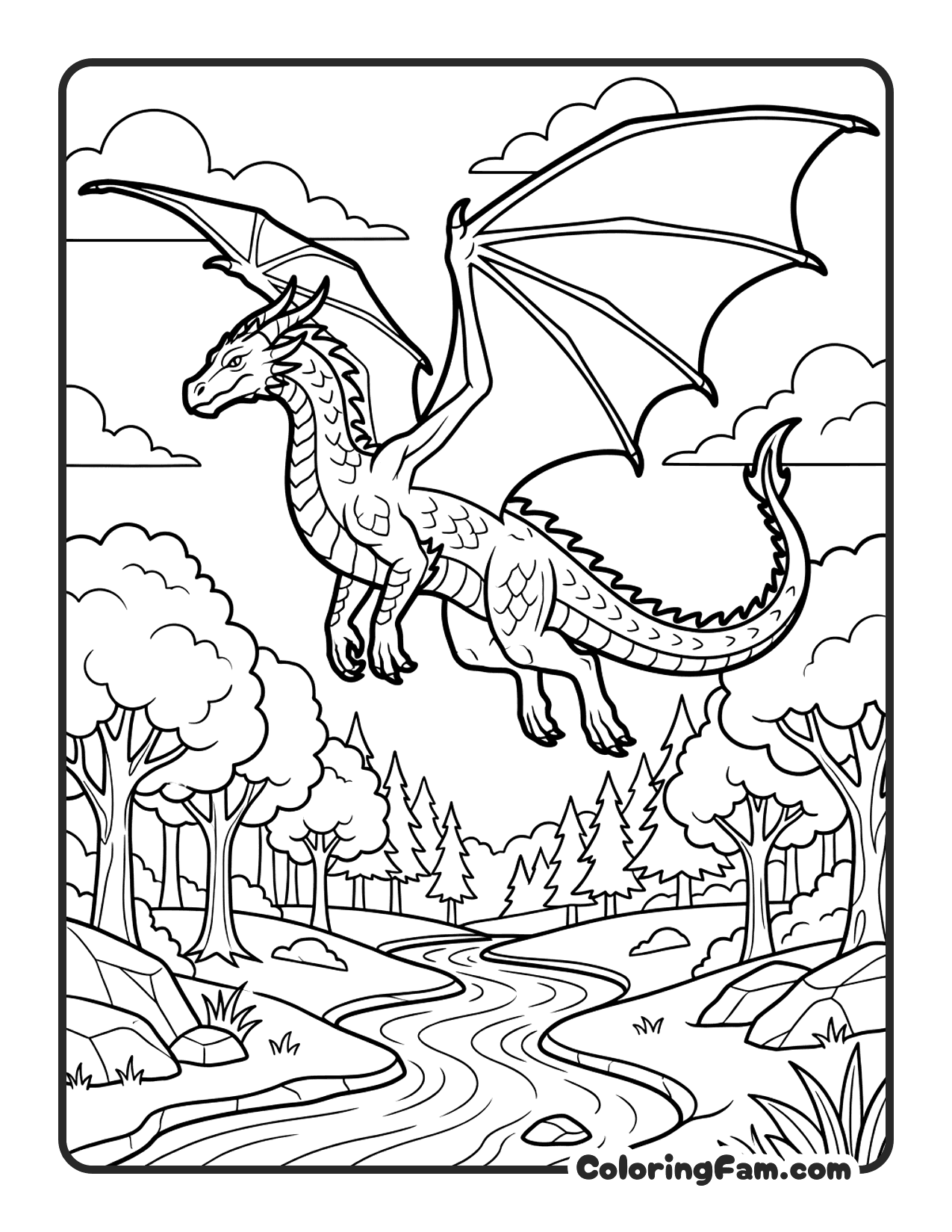 Dragon Flying Above River coloring page