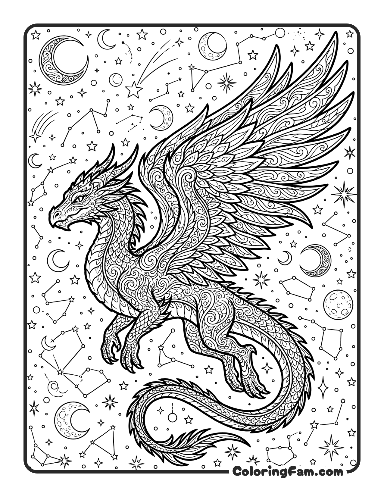 Dragon Flying Among Stars coloring page